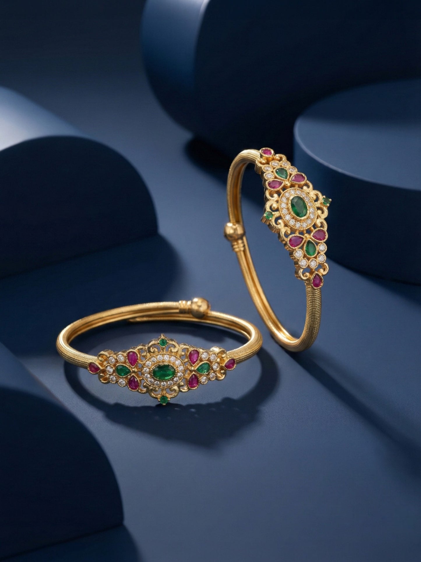 Traditional Gold Finish Stone Studded Kada Bangles with Oval Motif and Temple Inspired Detailing for Women