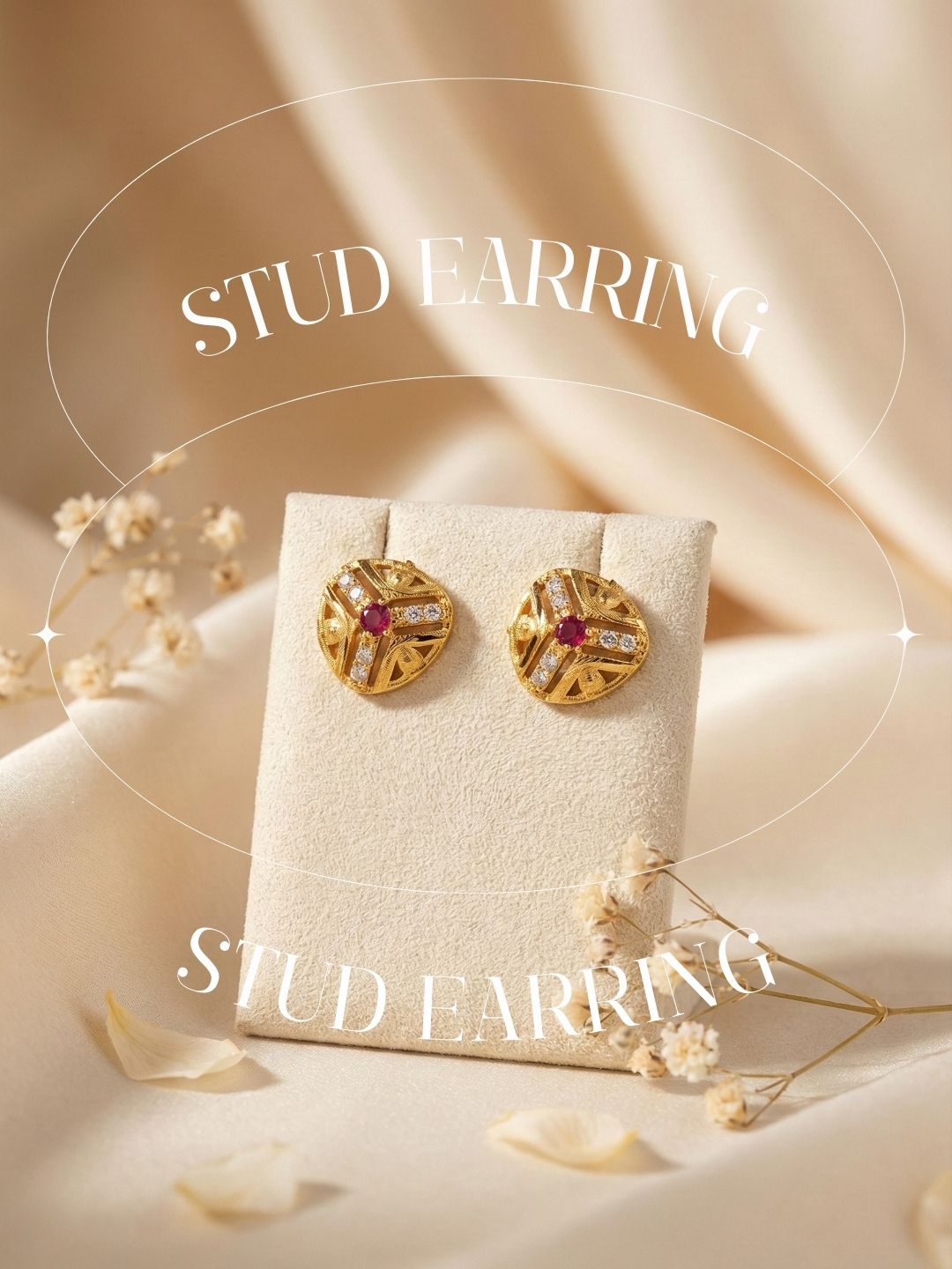 Meira Jewellery Gold Plated Floral & Geometric CZ Stud Earrings for Women, Ruby Centre Stone with Sparkling CZ Accents, Ethnic Traditional Party Jewellery, Lightweight Everyday Small Office Earring-02