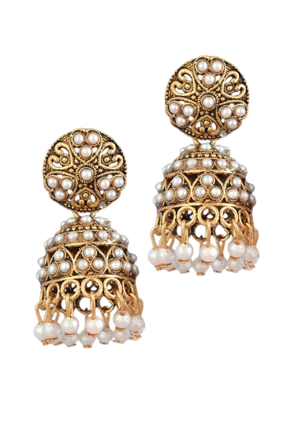 Oxidised Gold Plated, Stone and Pearl Studded Jhumka Earrings for Women and Girls