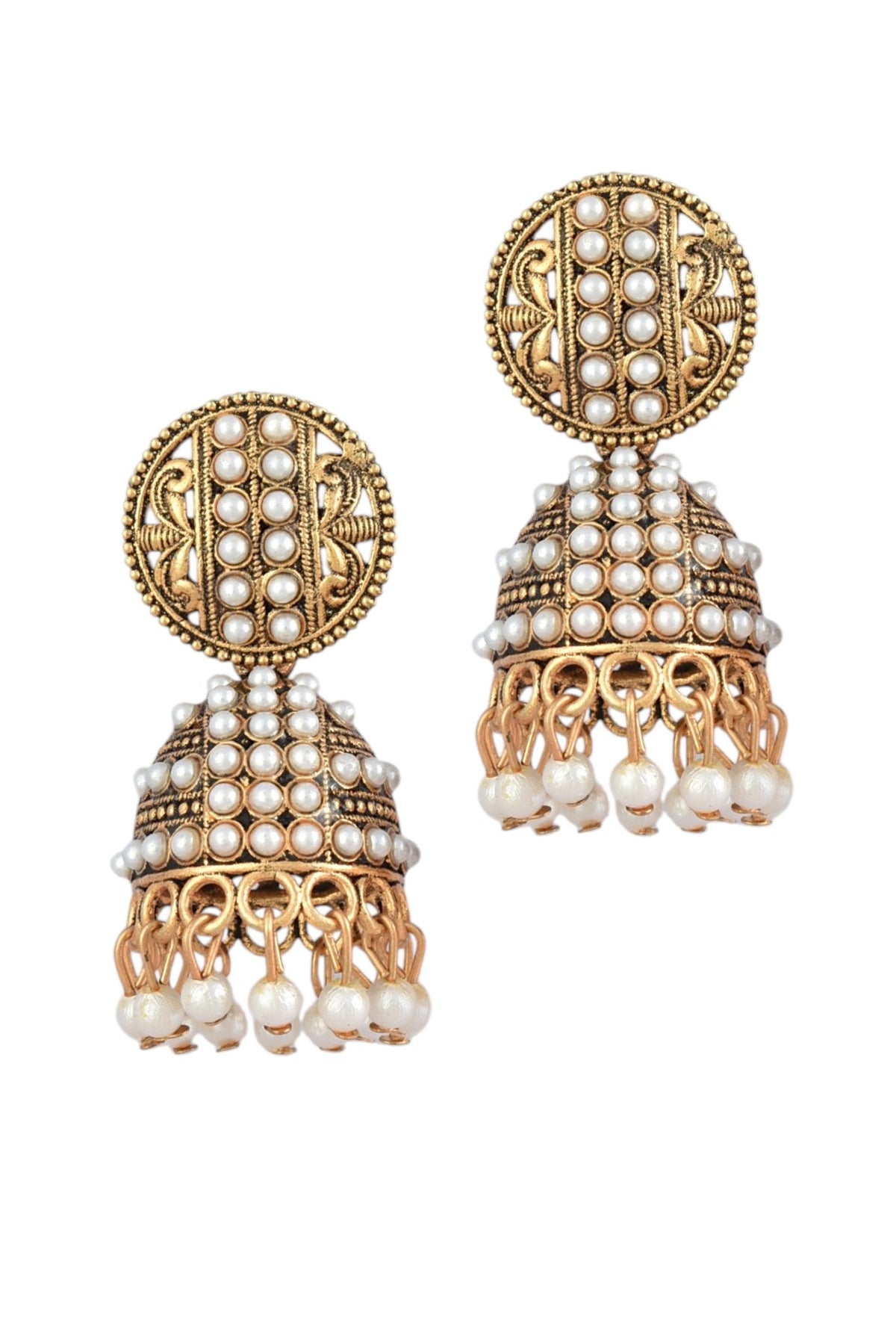 Oxidised Gold Plated, Stone and Pearl Studded Jhumka Earrings for Women and Girls
