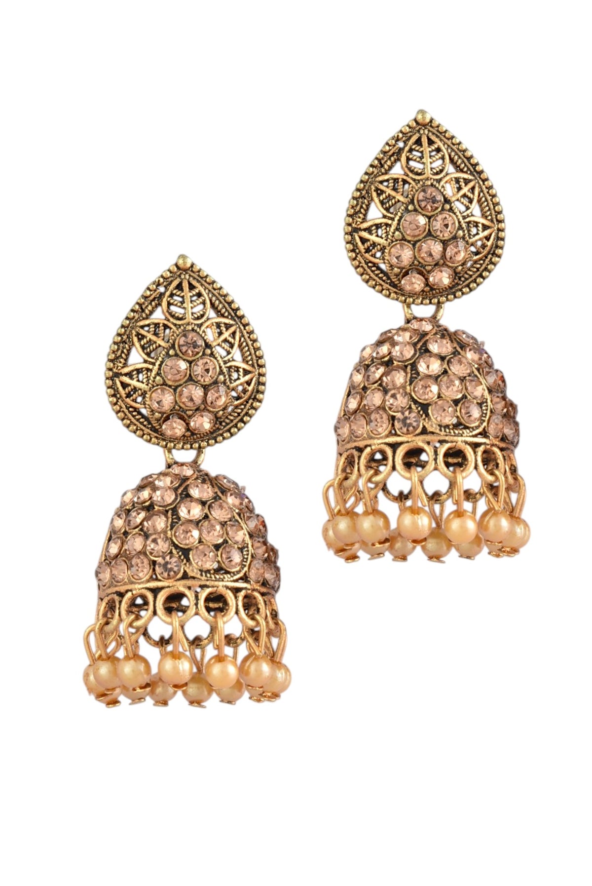 Oxidised Gold Plated, Stone and Pearl Studded Jhumka Earrings for Women and Girls