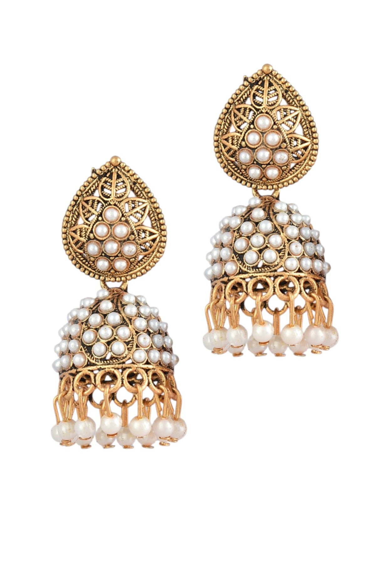 Oxidised Gold Plated, Stone and Pearl Studded Jhumka Earrings for Women and Girls