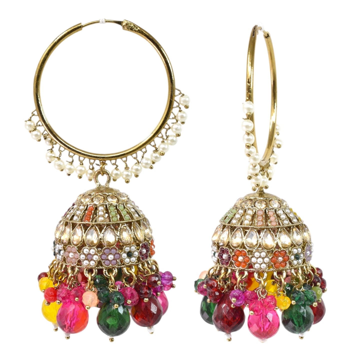 Meira Jewellery Gold Plated Multicolor Beaded Bali Jhumka Hoop Earrings for Women, Traditional Kundan Jhumki with Colorful Drops, Ethnic Festive Wedding Party Statement Earrings, Indian Jewellery-02