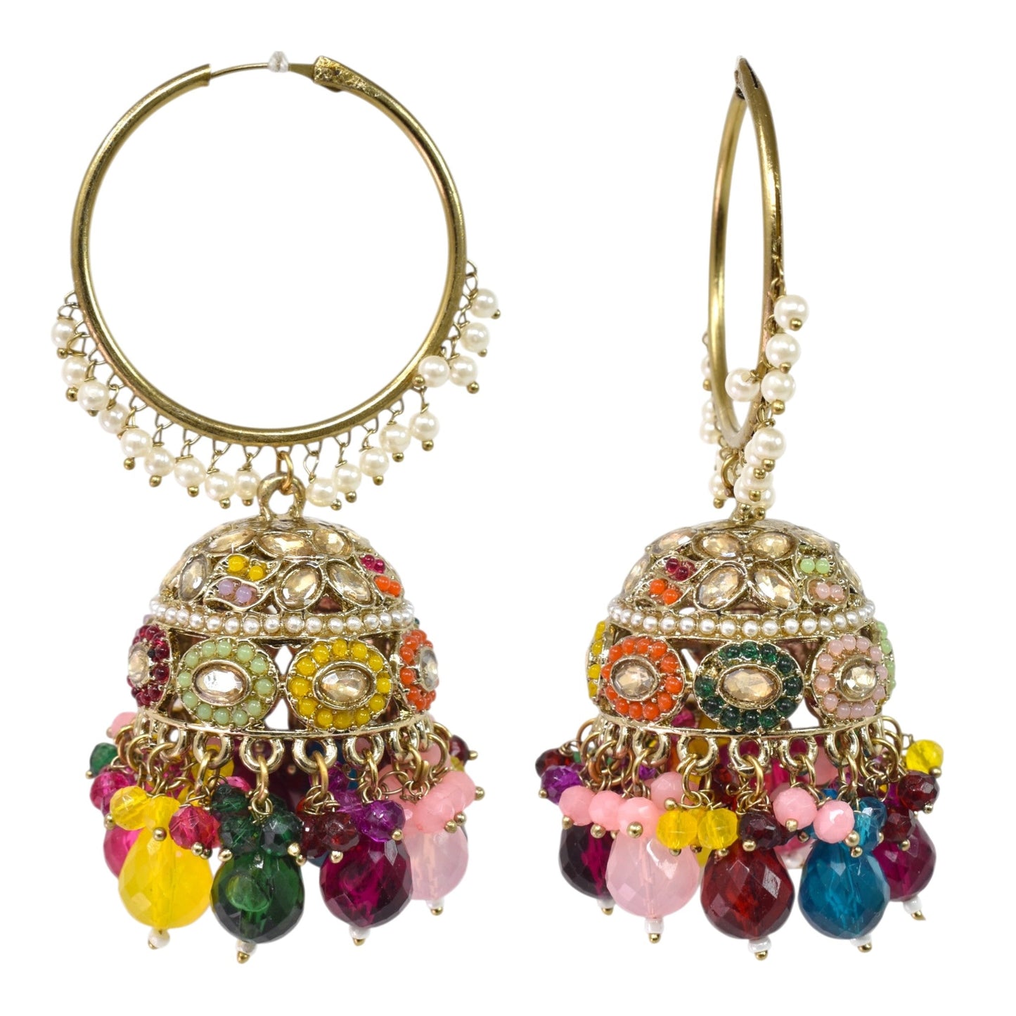 Meira Jewellery Gold Plated Multicolor Beaded Bali Jhumka Hoop Earrings for Women, Traditional Kundan Jhumki with Colorful Drops, Ethnic Festive Wedding Party Statement Earrings, Indian Jewellery-03