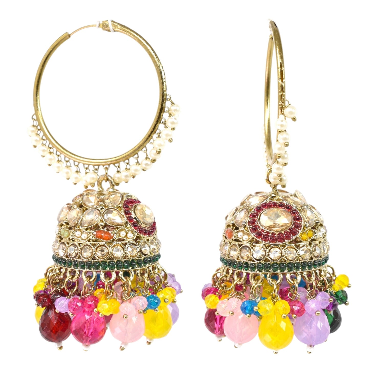 Meira Jewellery Gold Plated Multicolor Beaded Bali Jhumka Hoop Earrings for Women, Traditional Kundan Jhumki with Colorful Drops, Ethnic Festive Wedding Party Statement Earrings, Indian Jewellery-04