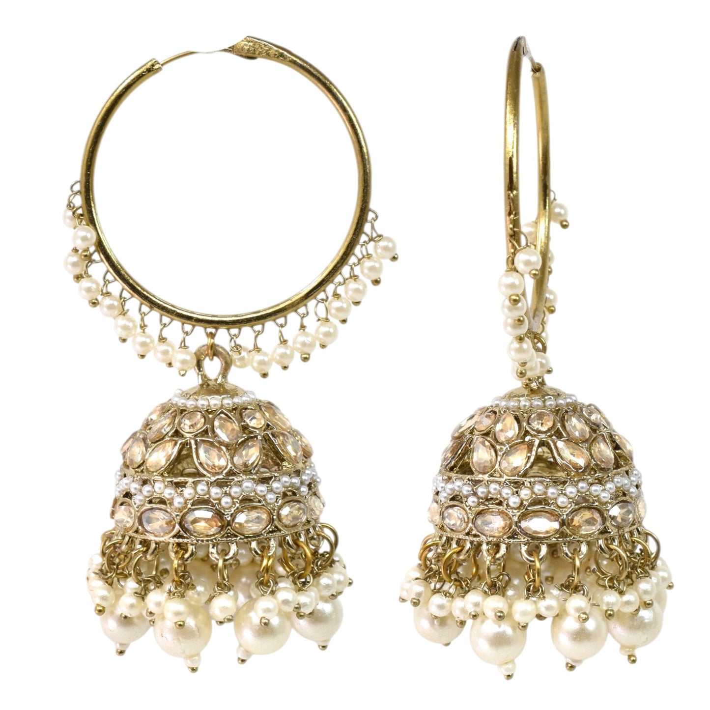 Meira Jewellery Gold Plated Traditional Bali Jhumka Hoop Earrings with Pearl Drops for Women Kundan Dome Jhumki with Beaded Pearl, Festive Wedding Party Statement Earrings, Indian Ethnic Jewellery-06