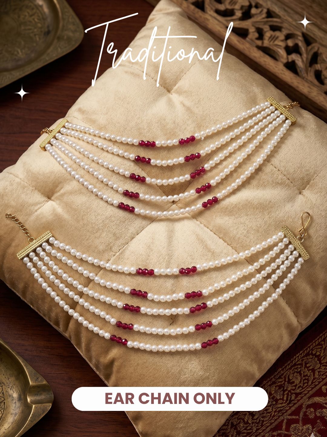 Gold Plated Multi-Layer Pearl Beaded Ear Chain for Women and Girls