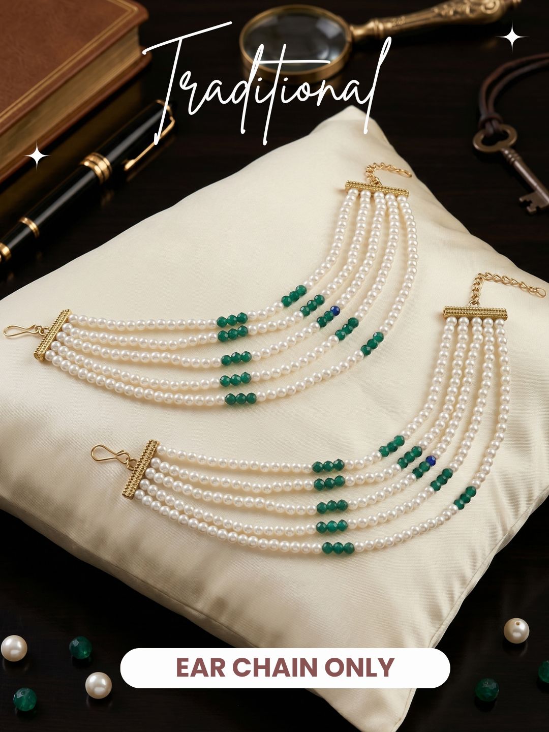 Gold Plated Multi-Layer Pearl Beaded Ear Chain for Women and Girls
