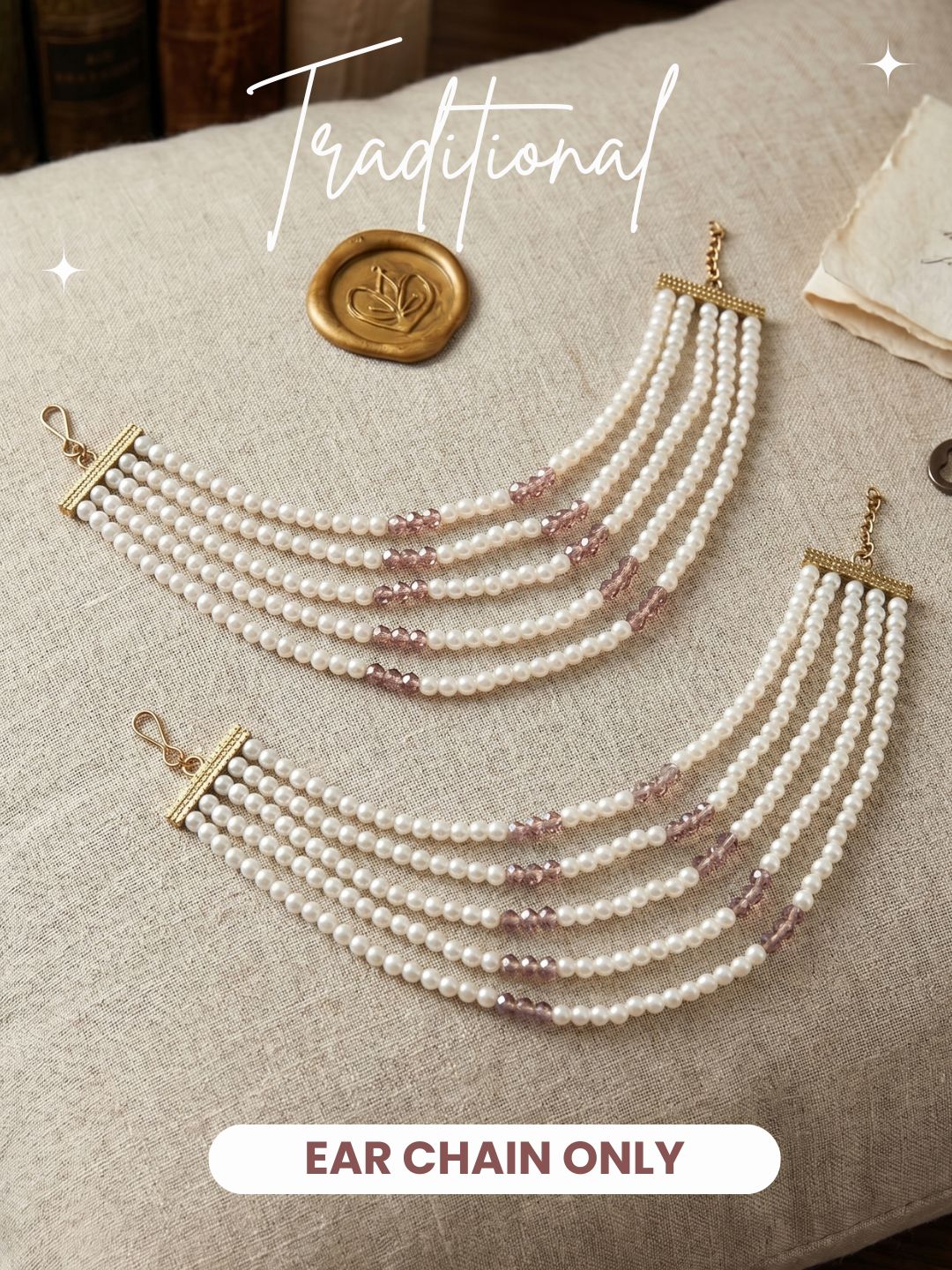 Gold Plated Multi-Layer Pearl Beaded Ear Chain for Women and Girls