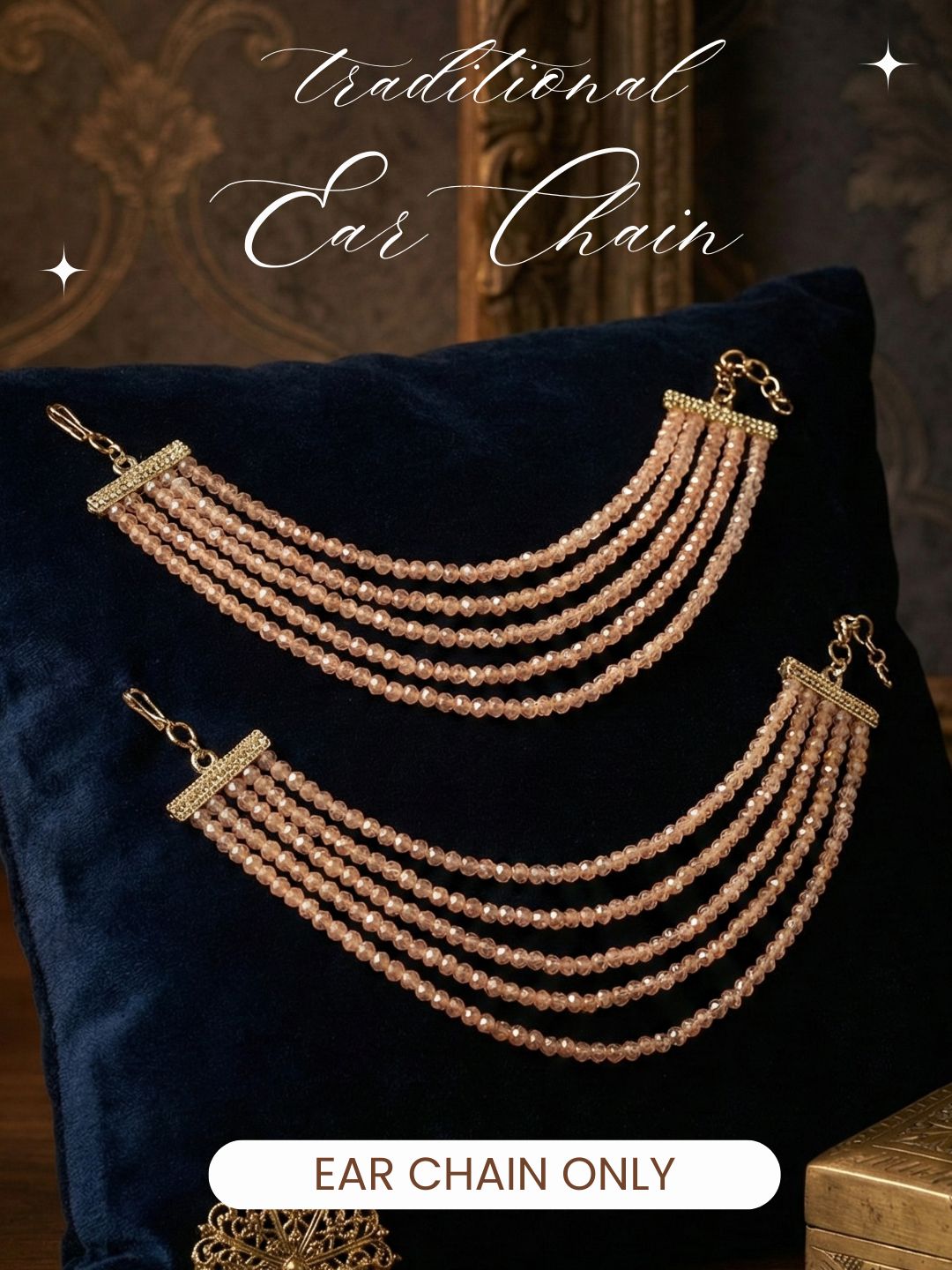 Meira Jewellery Traditional Gold-Plated Multi-Layered Peach Crystal Beaded Ear Chain for Women & Girls, Ethnic Kaan Chain Hair Accessories, Stylish Indian Jewellery for Festival, Wedding & Parties-01