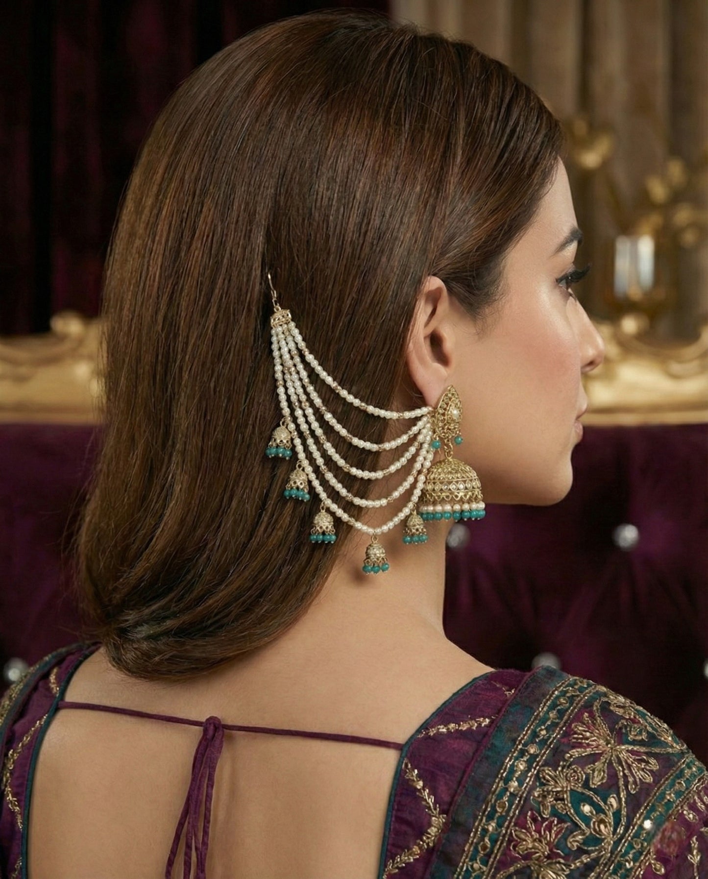 Meira Jewellery Traditional Pearl Ear Chain with Beaded Jhumki Drops, Multi-Layer Kaan Chain, Bridal Jewellery, Premium Gold Plated Indian Ethnic Hair to Ear Accessory for Wedding, Festive & Party-01