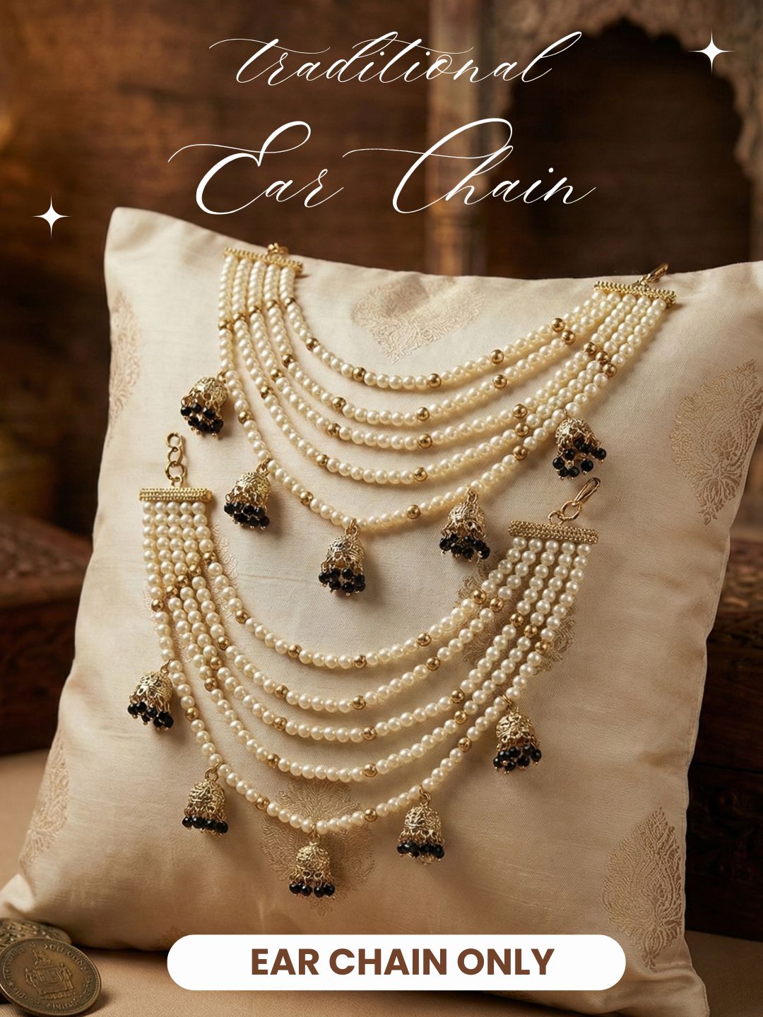Meira Jewellery Traditional Pearl Ear Chain with Beaded Jhumki Drops, Multi-Layer Kaan Chain, Bridal Jewellery, Premium Gold Plated Indian Ethnic Hair to Ear Accessory for Wedding, Festive & Party-10