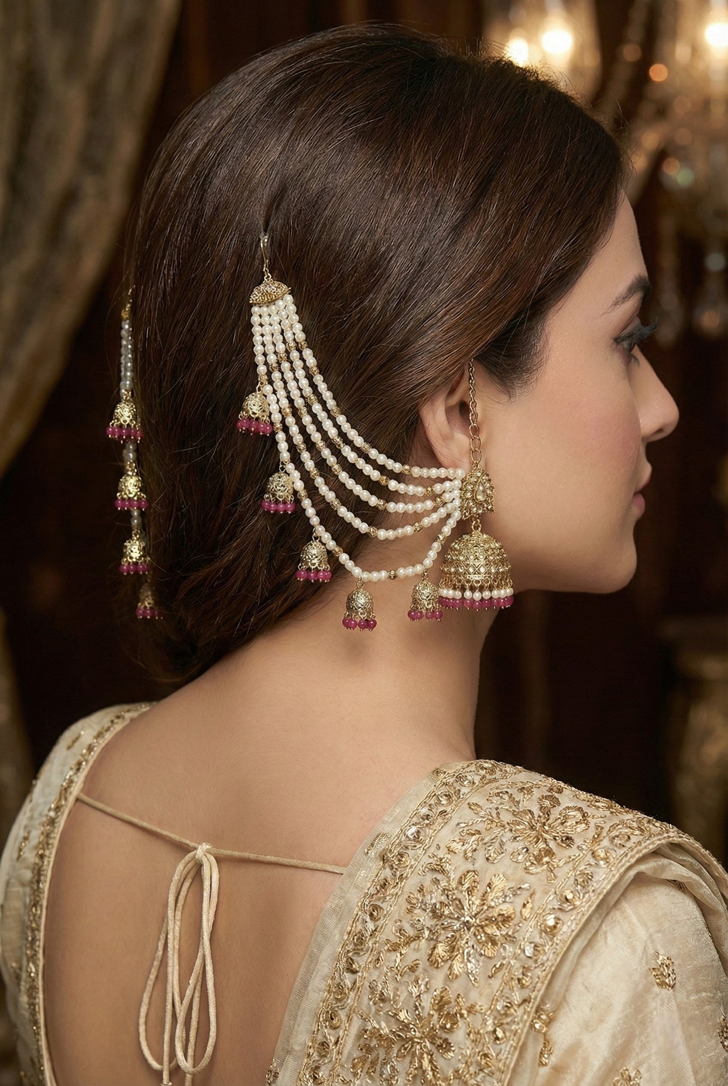 Meira Jewellery Traditional Pearl Ear Chain with Beaded Jhumki Drops, Multi-Layer Kaan Chain, Bridal Jewellery, Premium Gold Plated Indian Ethnic Hair to Ear Accessory for Wedding, Festive & Party-05
