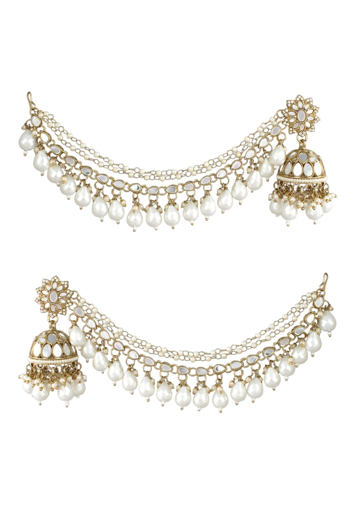 Gold-Plated Mirror Work Jhumka with Pearl Layered Ear Chain for Women