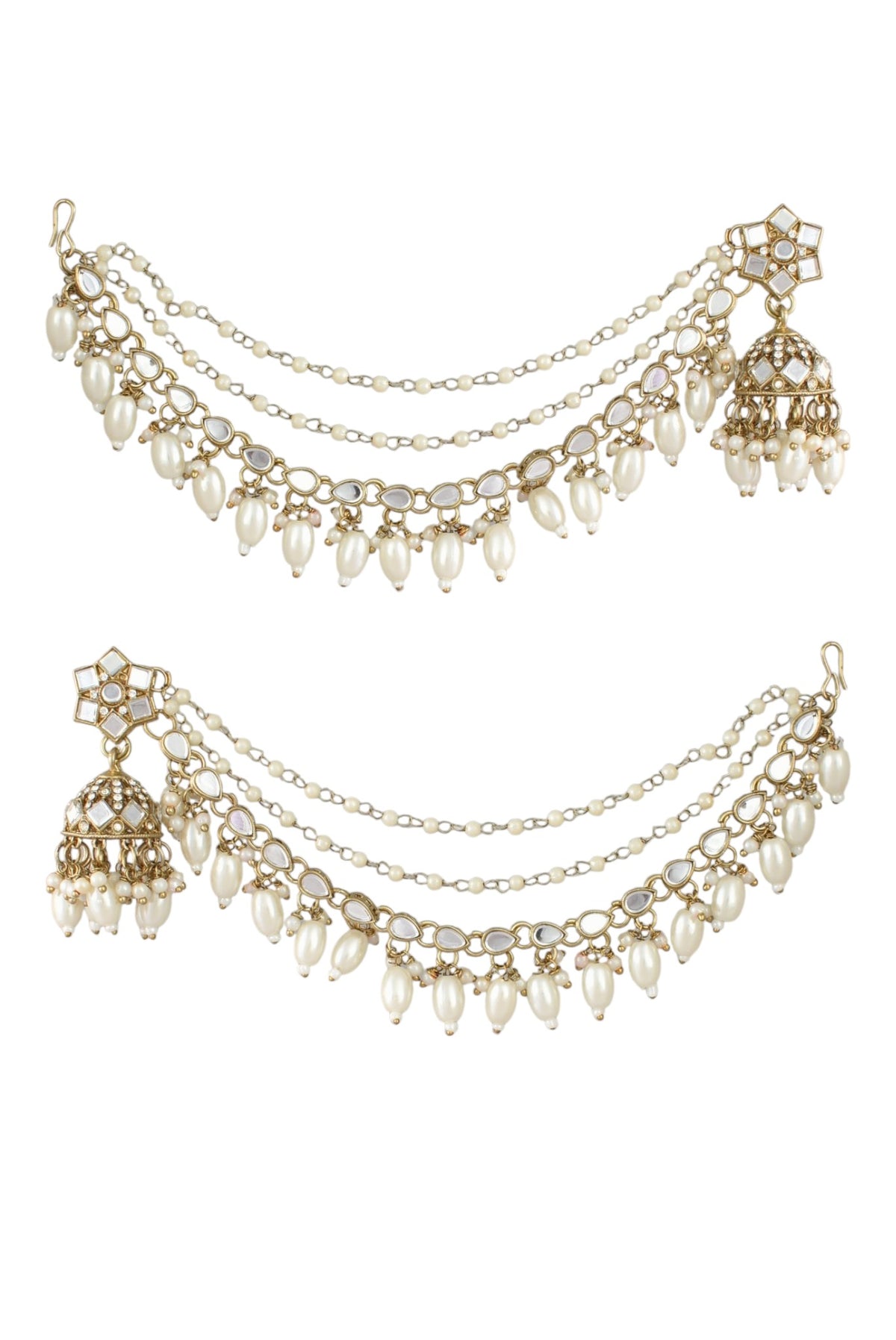 Gold-Plated Mirror Work Jhumka with Pearl Layered Ear Chain for Women