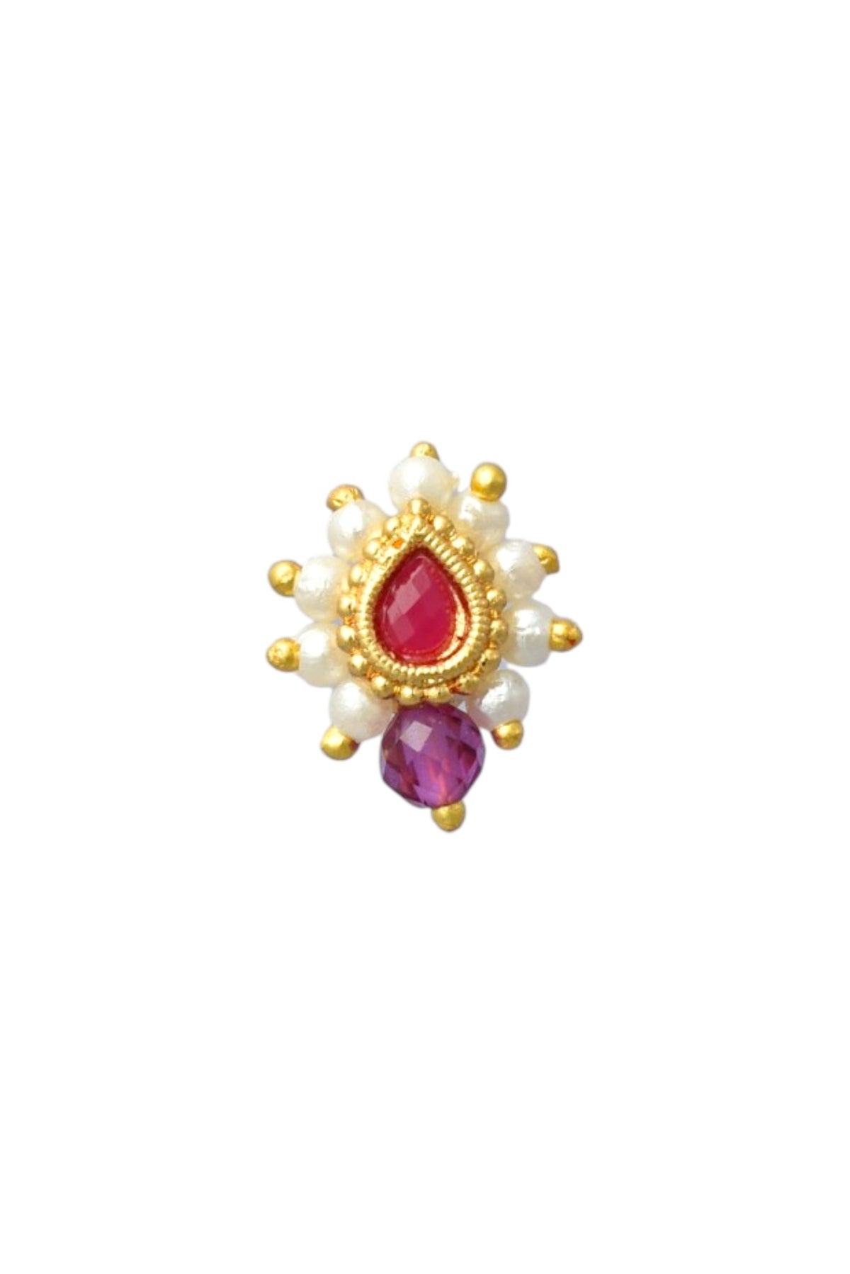 Red Maharashtrian Style Non Piercing Stud Nose Pin for Women and Girls