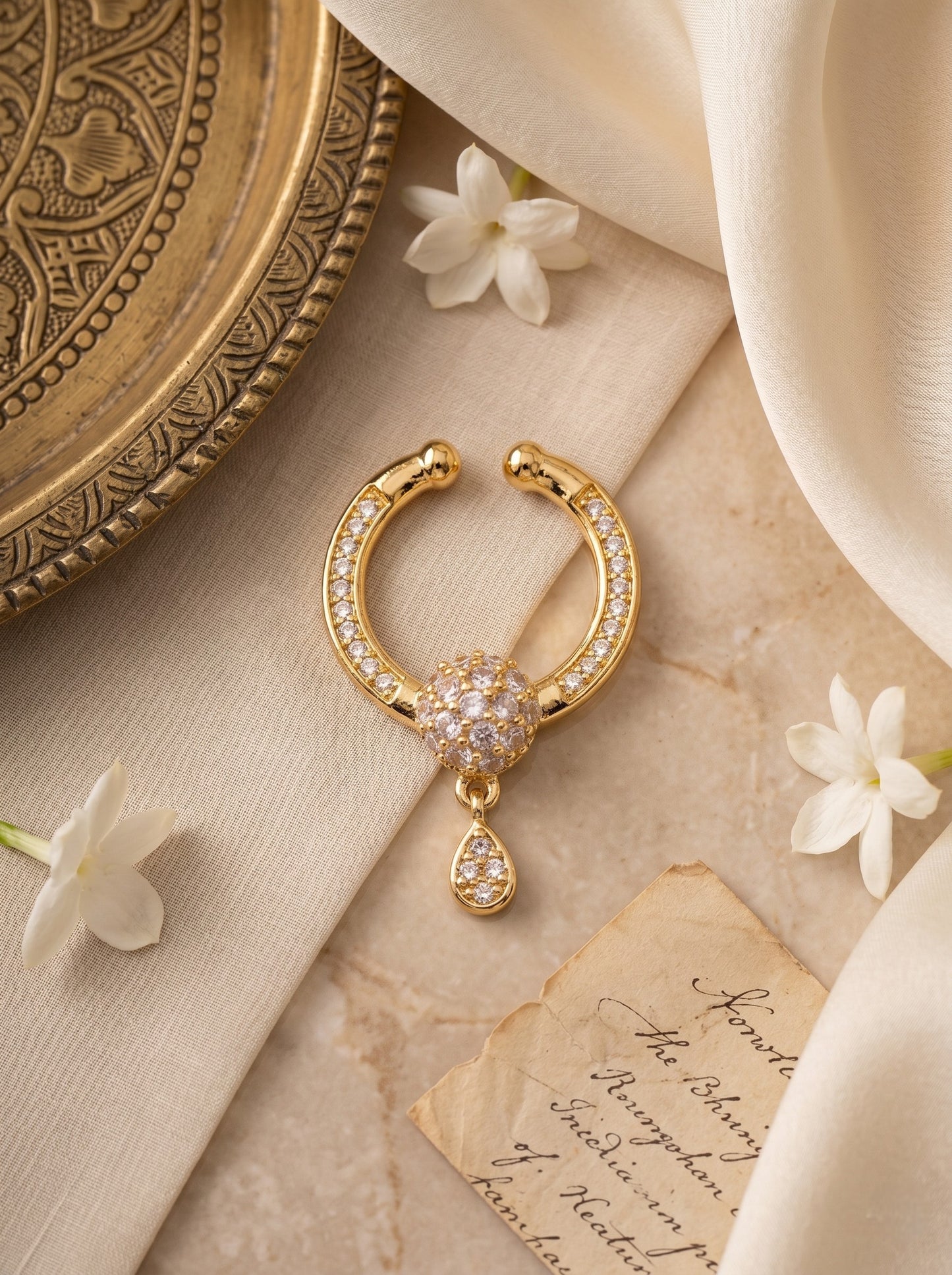 Gold-Toned Stone Studded Septum NonPiercing Nose Pin