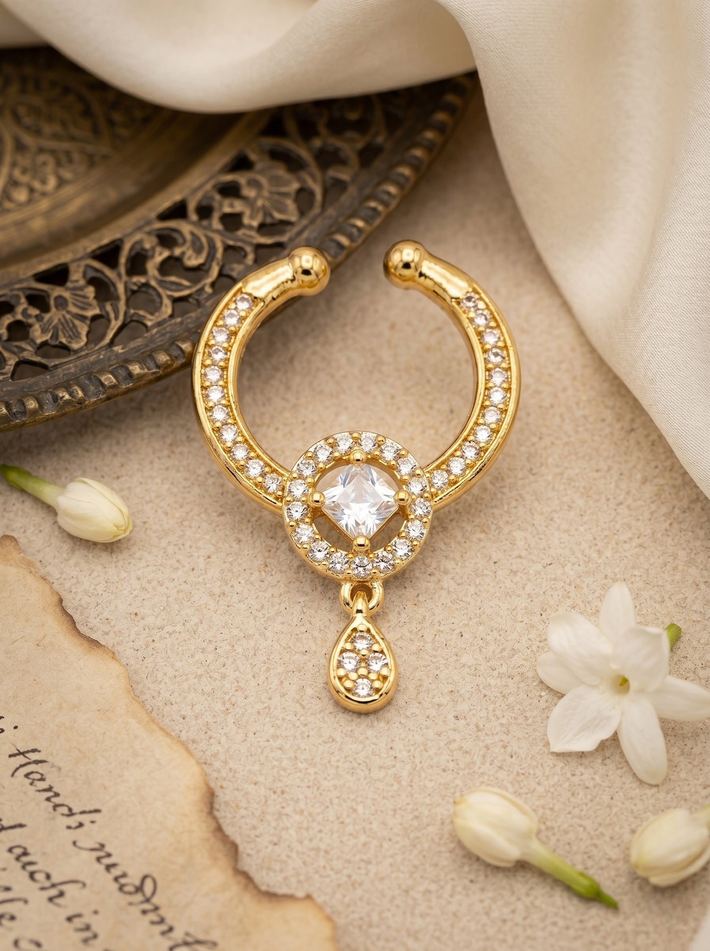 Gold-Toned Stone Studded Septum NonPiercing Nose Pin