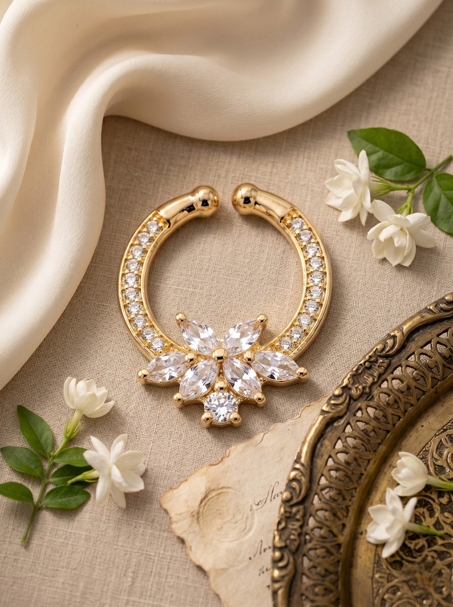 Gold-Toned Stone Studded Septum NonPiercing Nose Pin