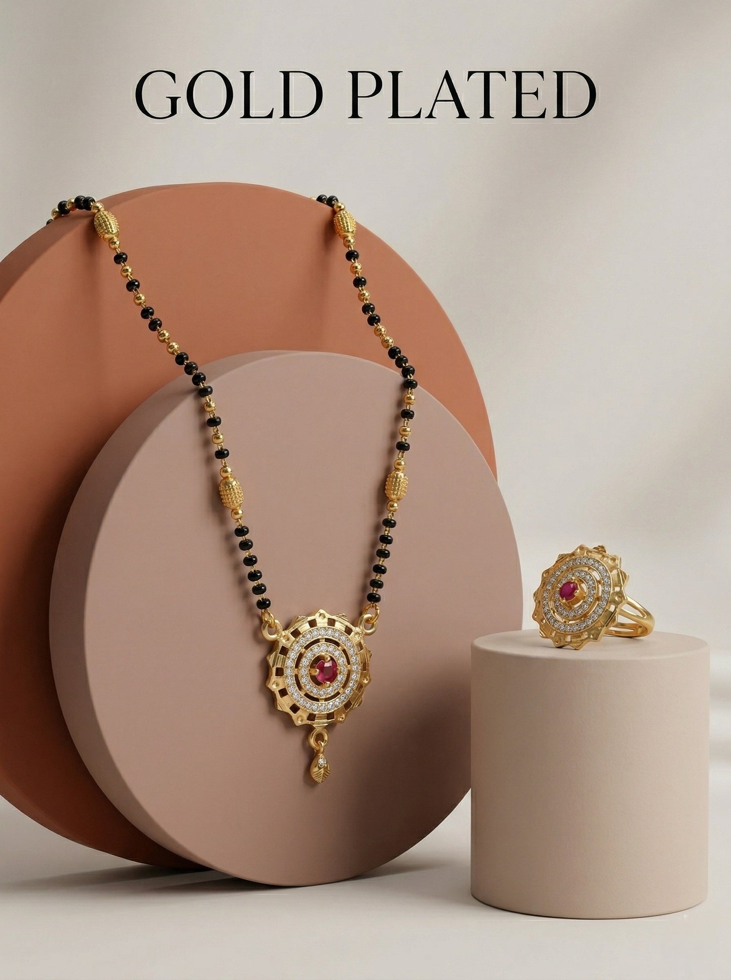 Meira Jewellery Gold Plated Mangalsutra and Ring Combo Set for Women, Black Bead Chain with Stone Studded Pendant & Matching Ring, Traditional Jewellery with Modern Touch for Wedding, Festivals-05