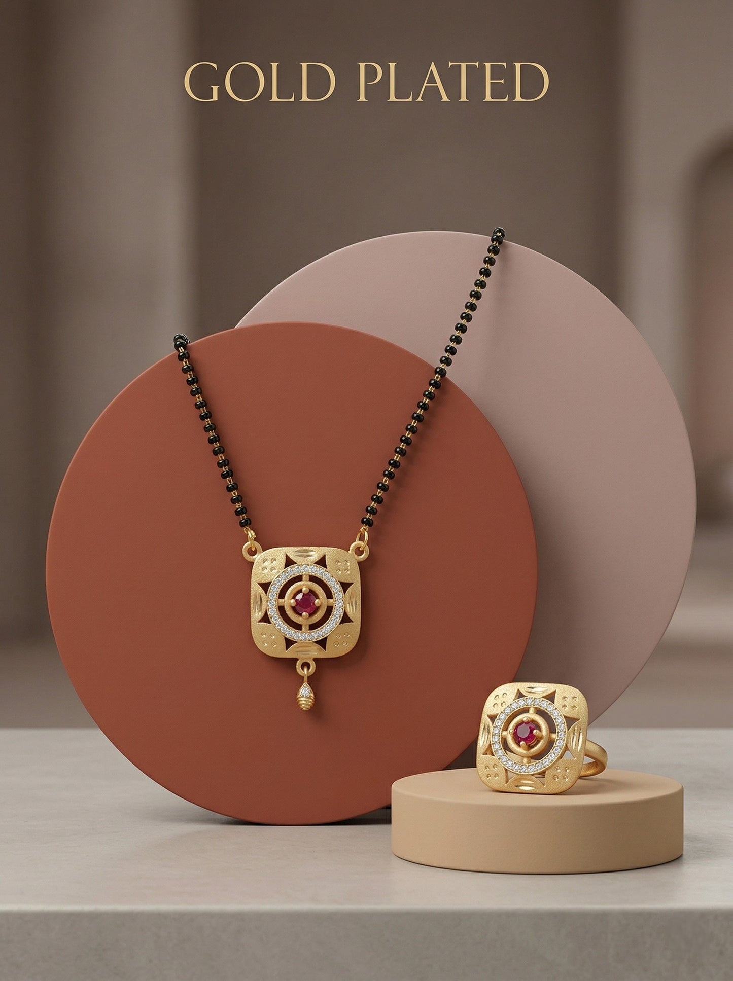 Meira Jewellery Gold Plated Mangalsutra and Ring Combo Set for Women, Black Bead Chain with Stone Studded Pendant & Matching Ring, Traditional Jewellery with Modern Touch for Wedding, Festivals-09