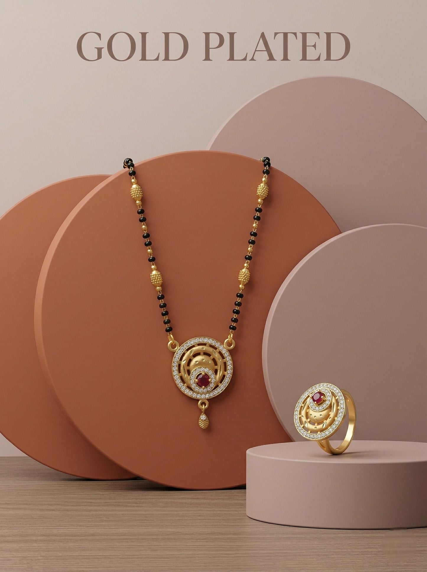 Meira Jewellery Gold Plated Mangalsutra and Ring Combo Set for Women, Black Bead Chain with Stone Studded Pendant & Matching Ring, Traditional Jewellery with Modern Touch for Wedding, Festivals-14