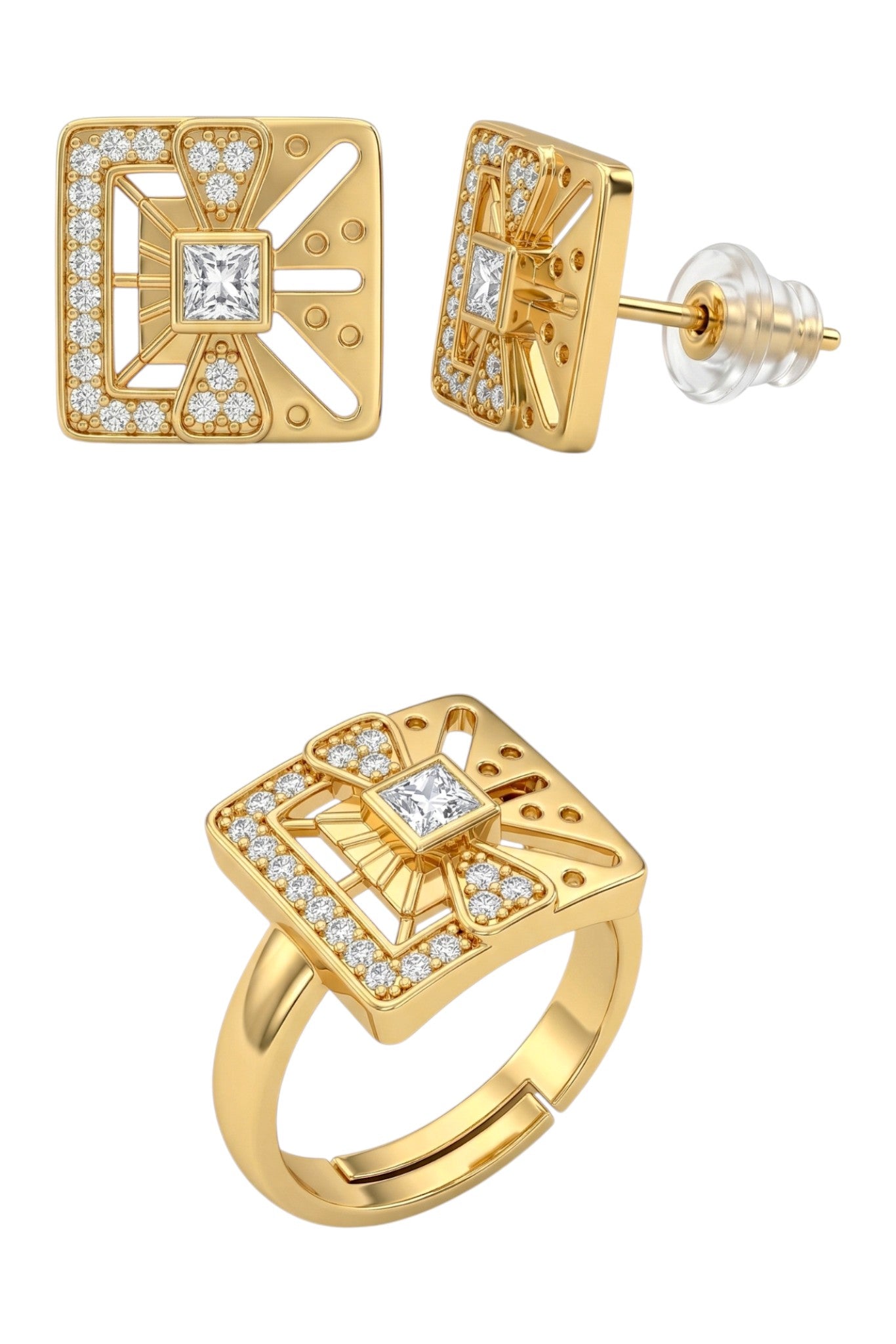 Gold-Toned Earrings and Ring Combo Set with Premium Sparkling Stone Finish for Women & Girls