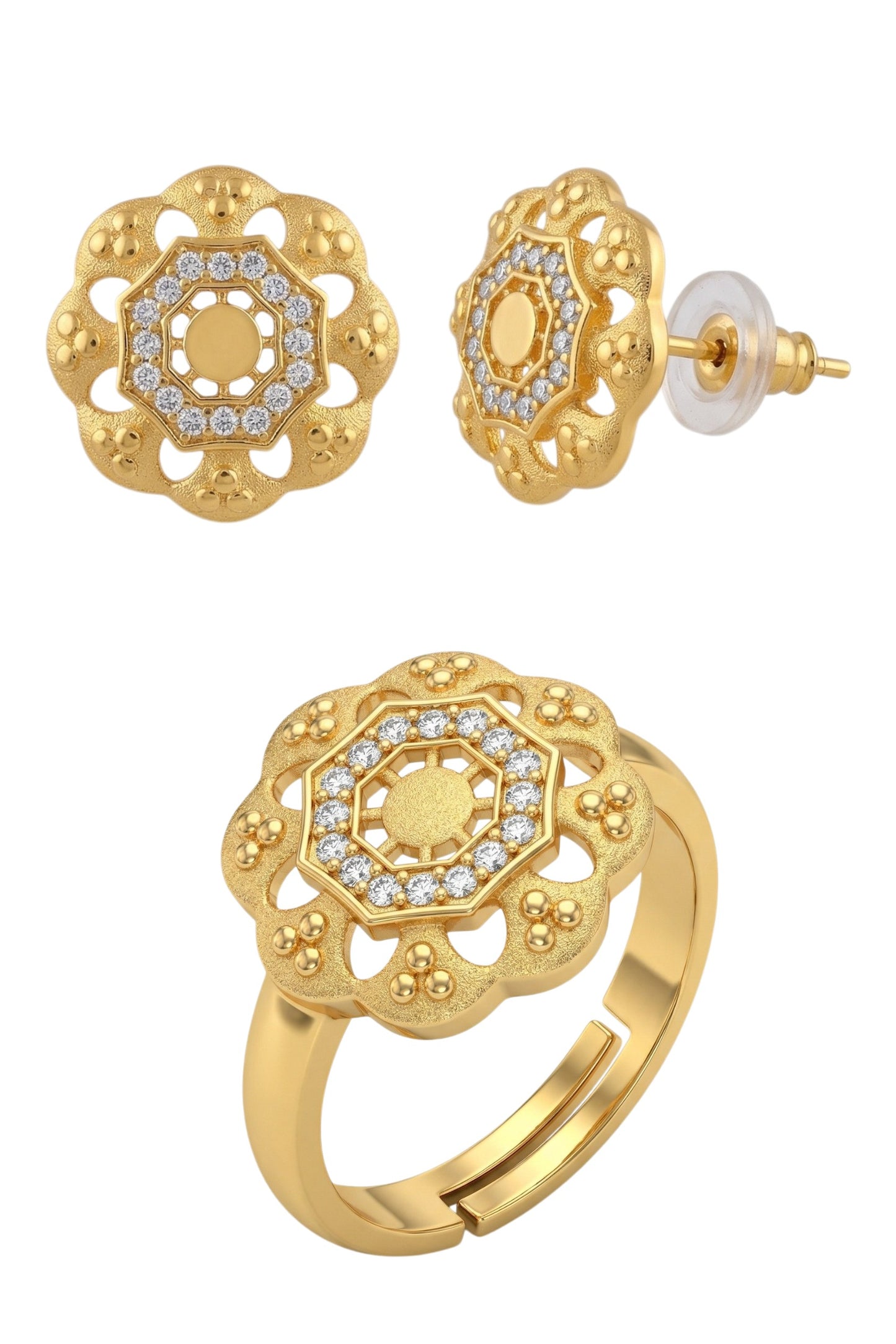 Gold-Toned Earrings and Ring Combo Set with Premium Sparkling Stone Finish for Women & Girls