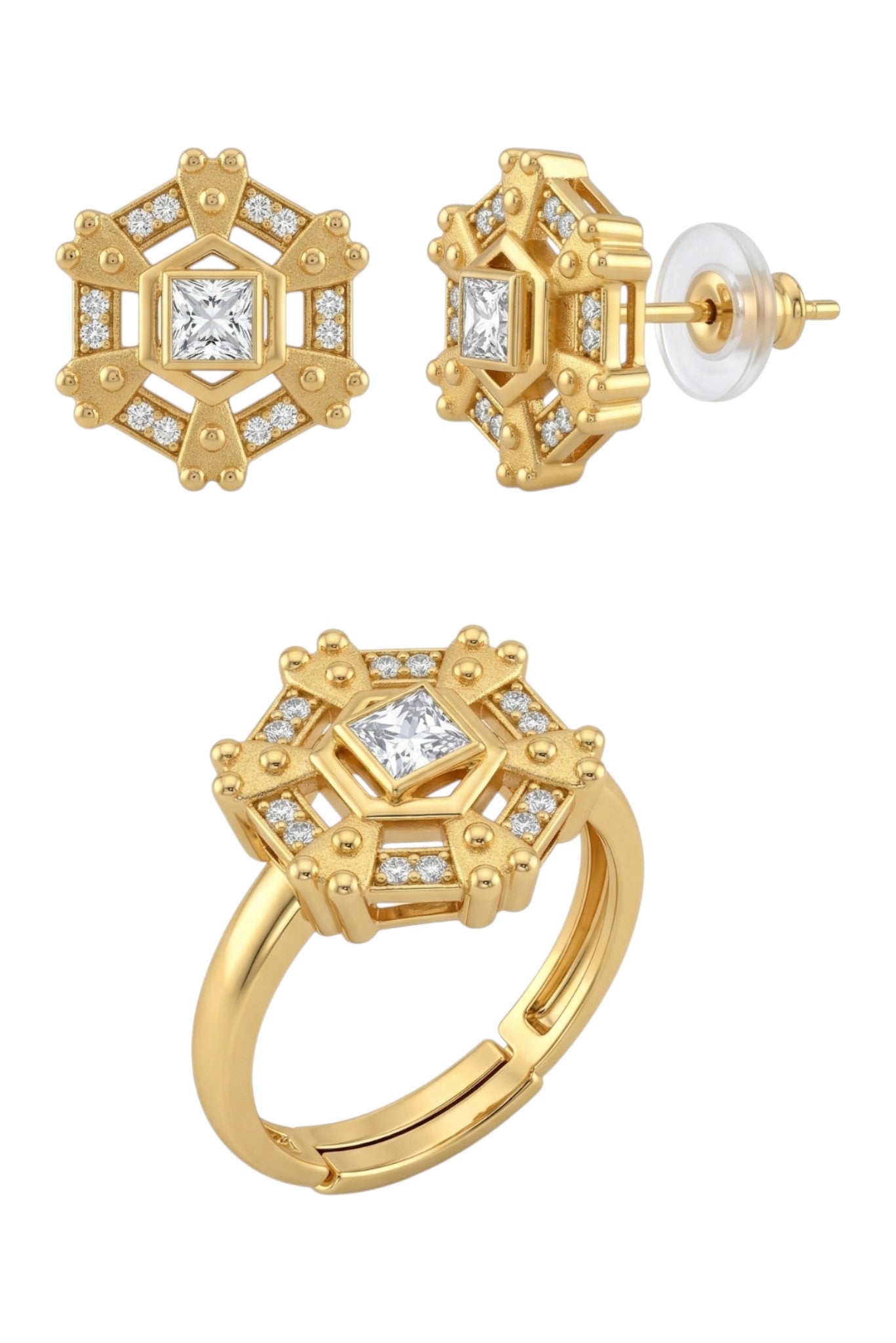 Gold-Toned Earrings and Ring Combo Set with Premium Sparkling Stone Finish for Women & Girls