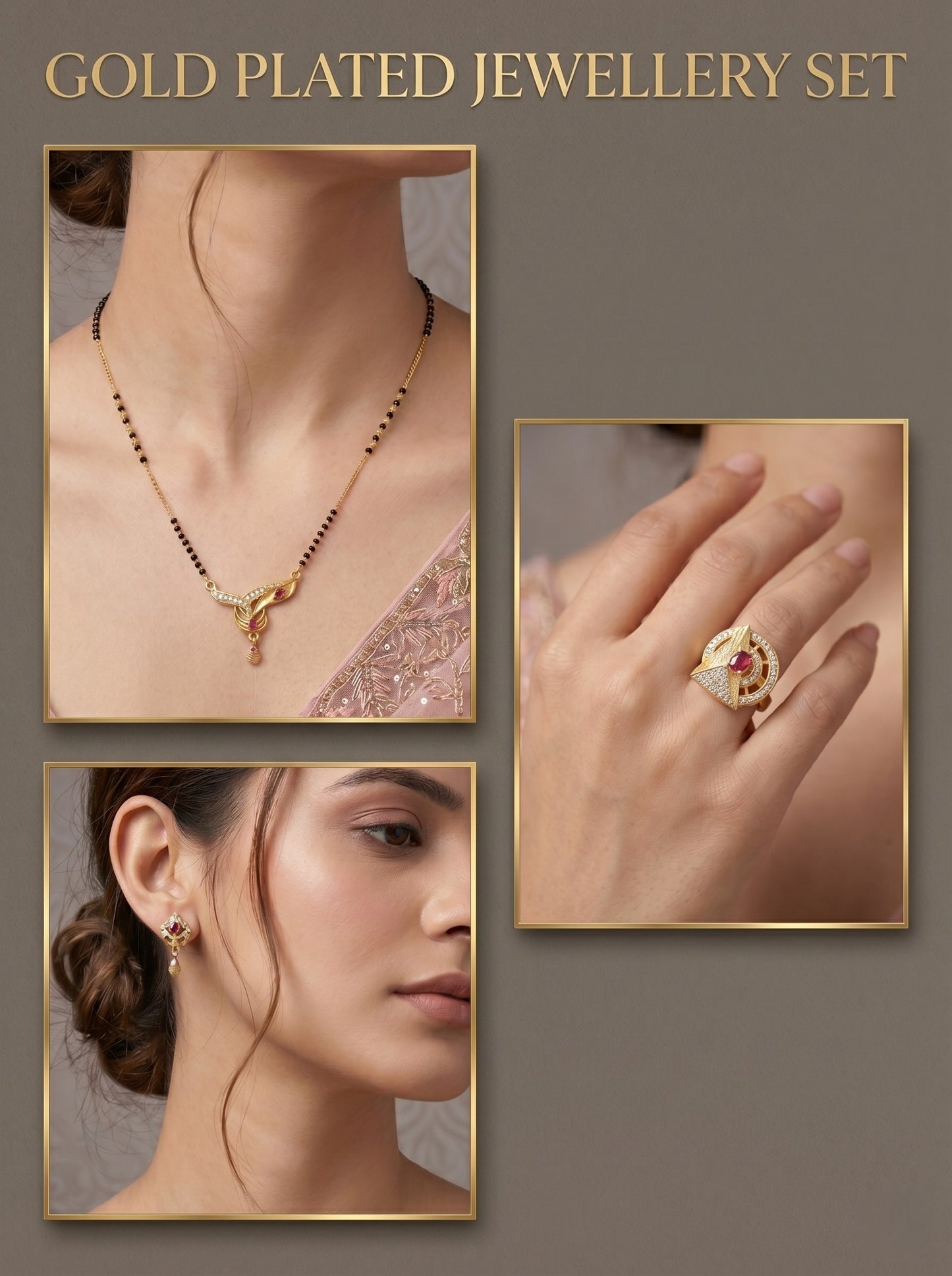 Gold-Plated Mangalsutra with Adjustable Ring and Earrings Combo Set