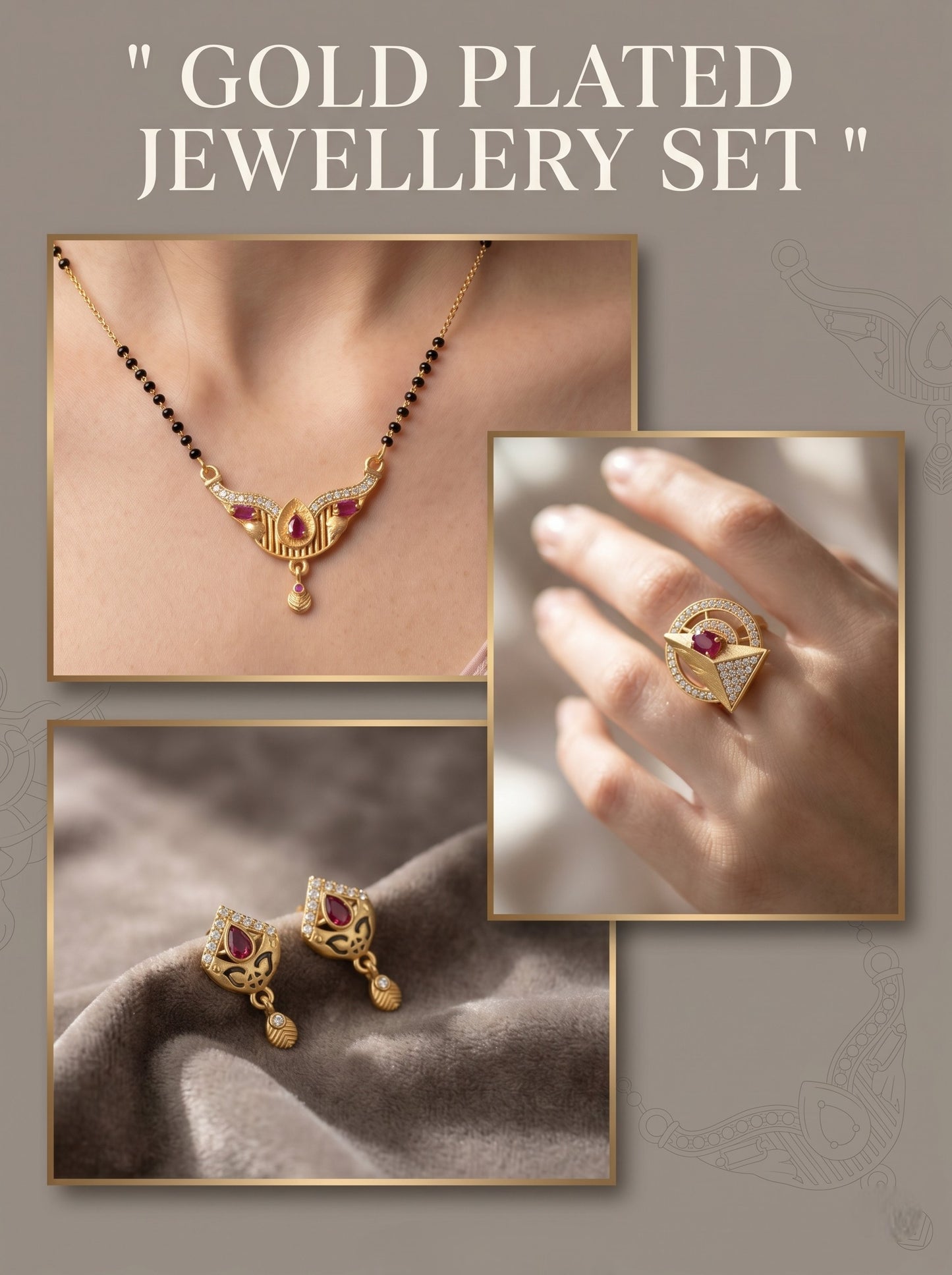 Gold-Plated Mangalsutra with Adjustable Ring and Earrings Combo Set