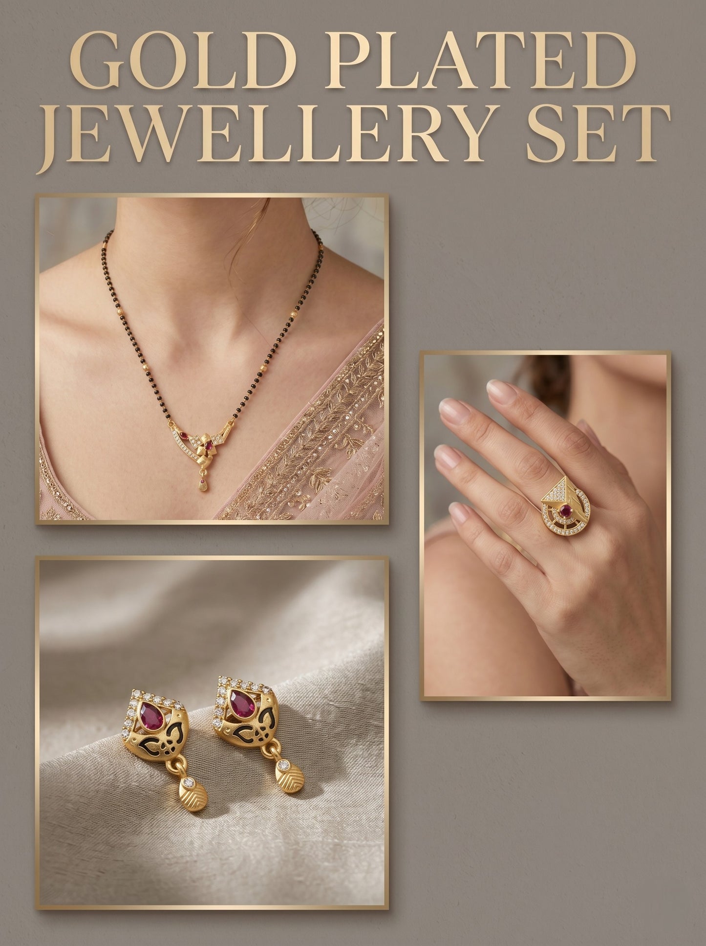 Gold-Plated Mangalsutra with Adjustable Ring and Earrings Combo Set