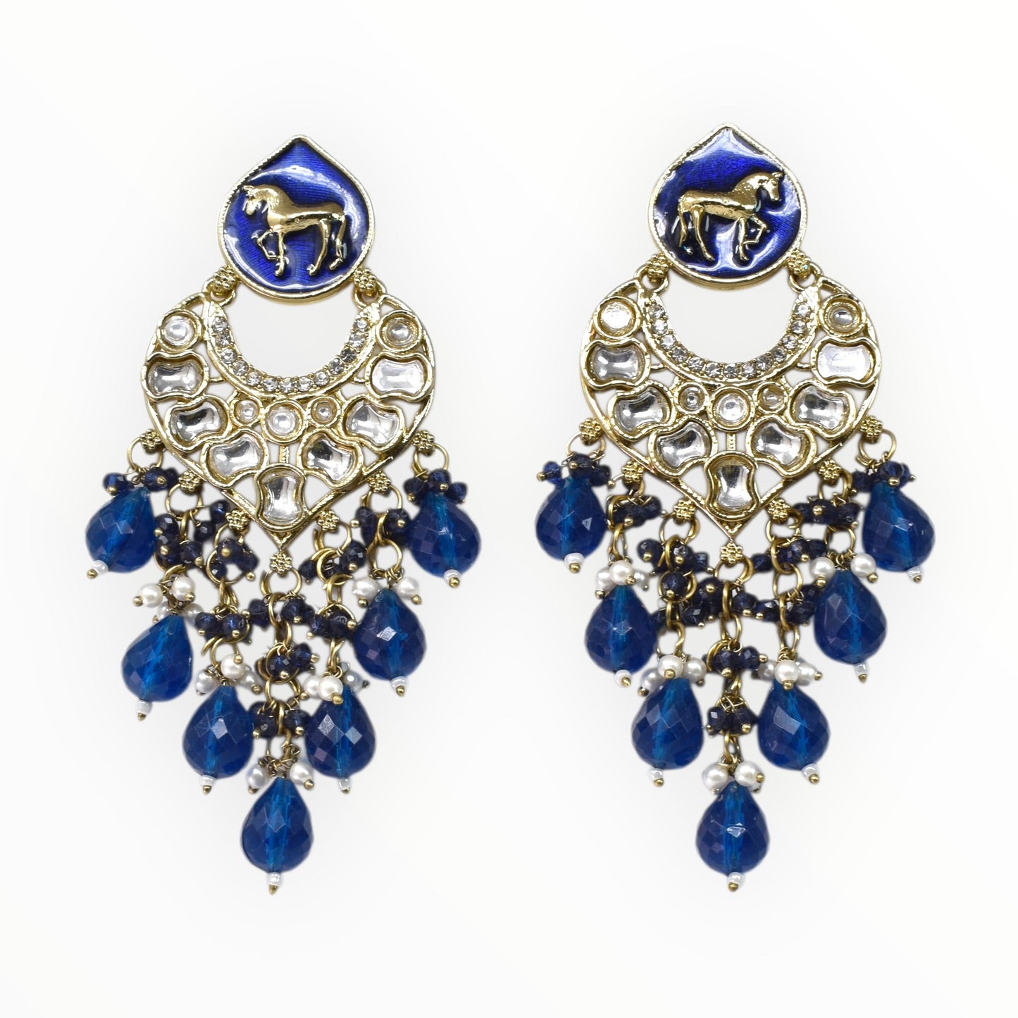 Meira Jewellery Gold Plated Traditional Kundan Drop Earrings for Women, Statement Chandbali Style Earrings with Stone Work and Beaded Dangling Drops, Festive Wedding Party Long Dangler Earrings-02