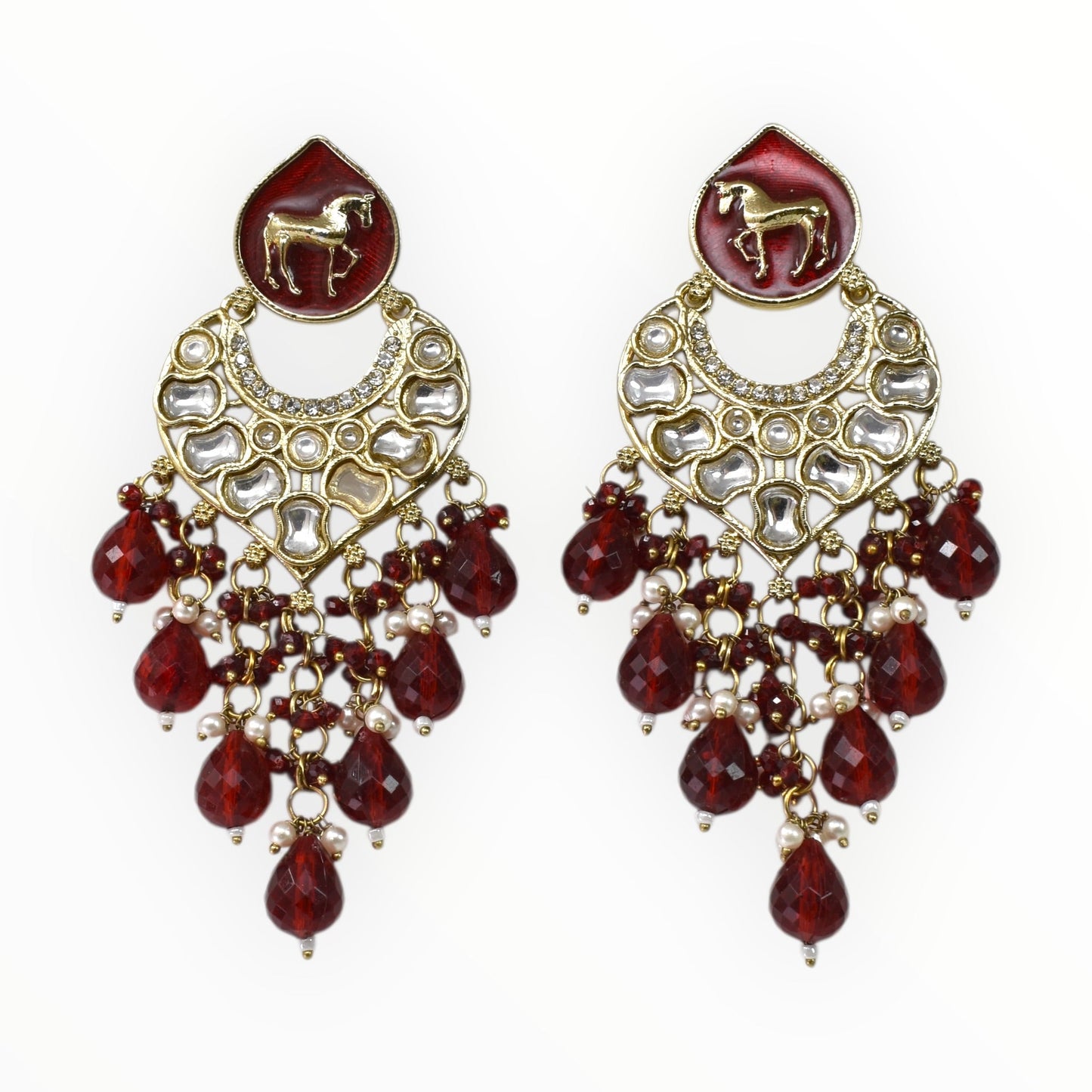 Meira Jewellery Gold Plated Traditional Kundan Drop Earrings for Women, Statement Chandbali Style Earrings with Stone Work and Beaded Dangling Drops, Festive Wedding Party Long Dangler Earrings-04