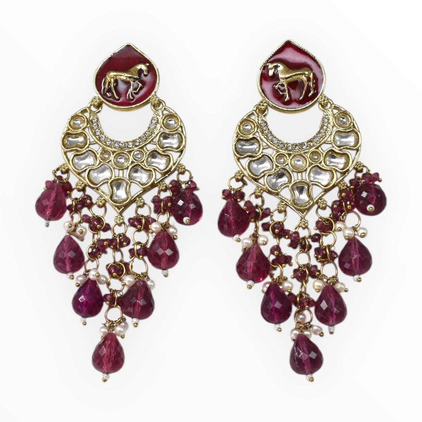 Meira Jewellery Gold Plated Traditional Kundan Drop Earrings for Women, Statement Chandbali Style Earrings with Stone Work and Beaded Dangling Drops, Festive Wedding Party Long Dangler Earrings-05