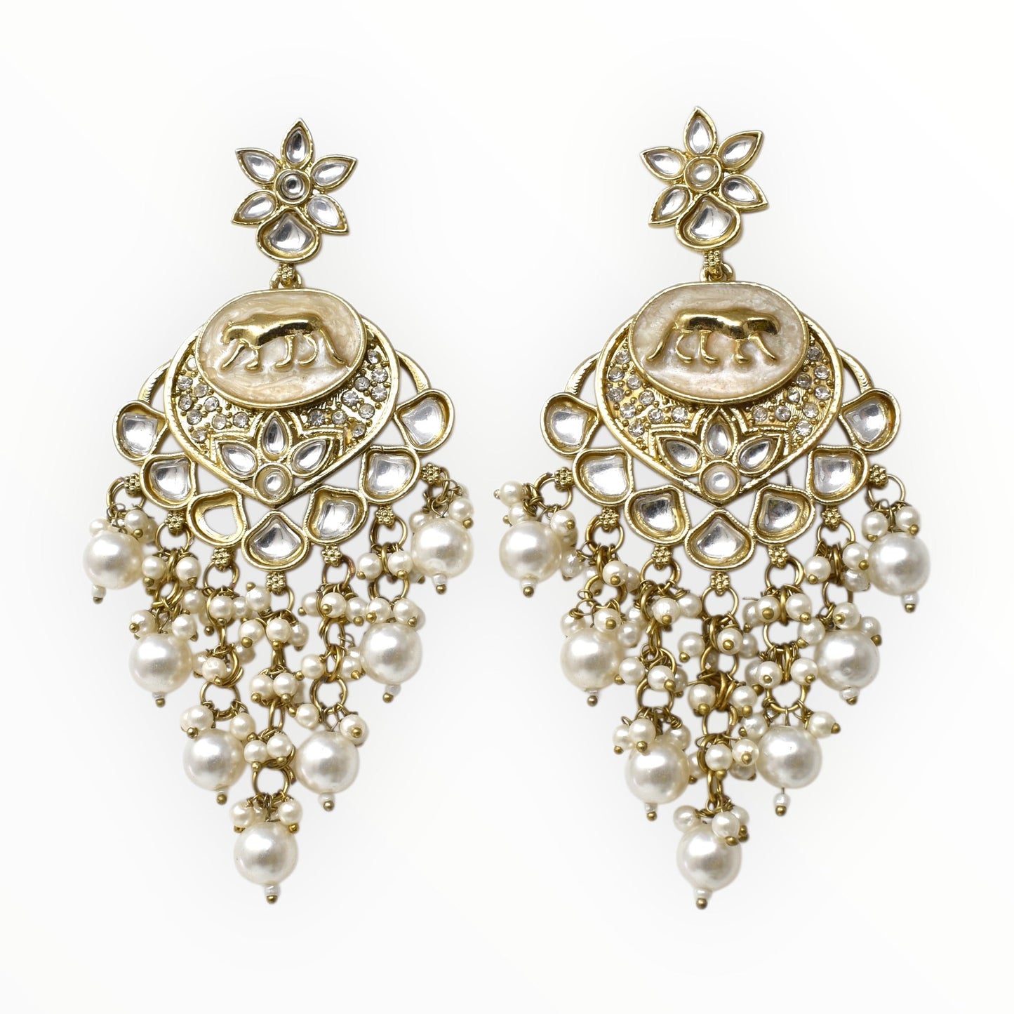 Meira Jewellery Gold Plated Traditional Kundan Drop Earrings for Women, Statement Chandbali Style Earrings with Stone Work and Beaded Dangling Drops, Festive Wedding Party Long Dangler Earrings-09