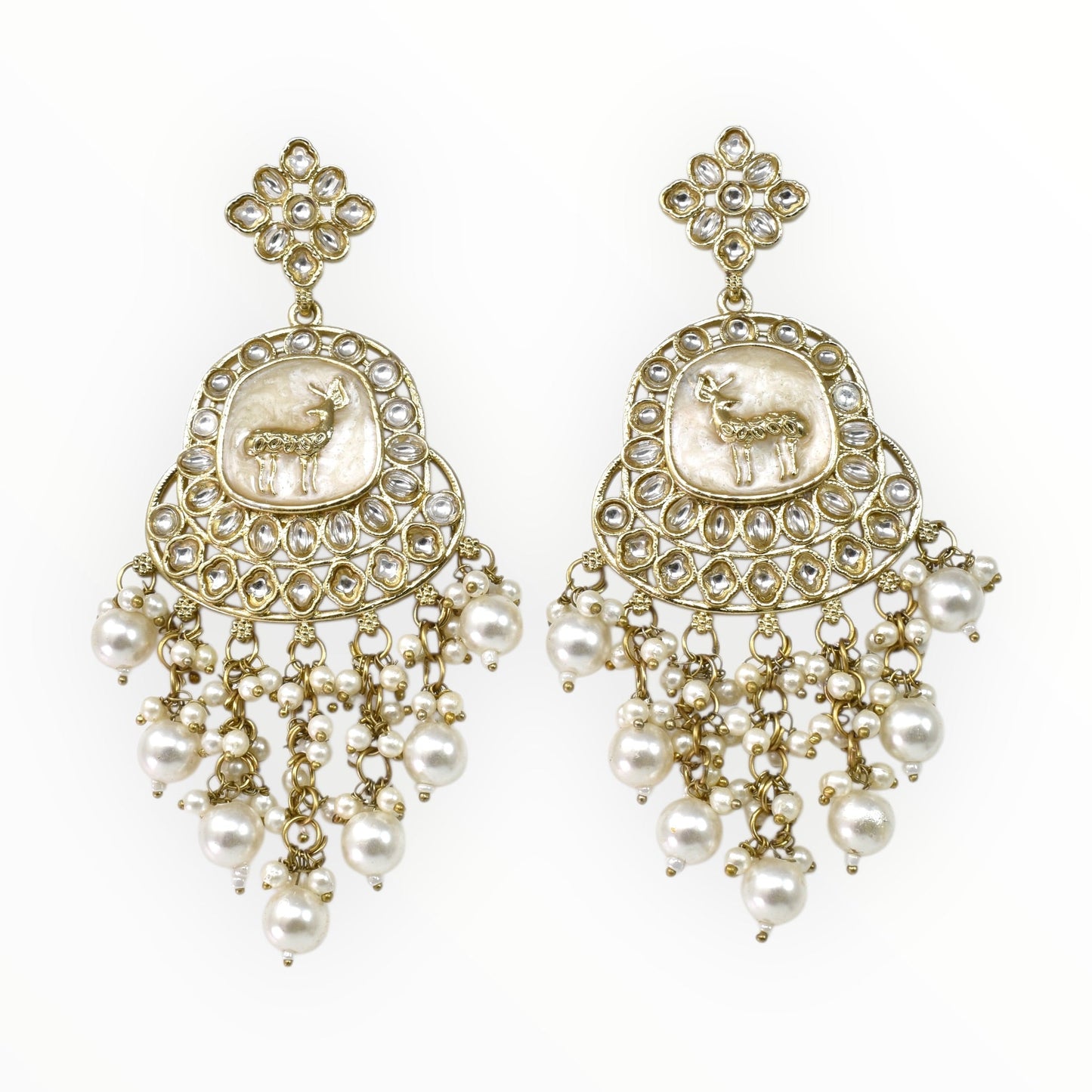 Meira Jewellery Gold Plated Traditional Kundan Drop Earrings for Women, Statement Chandbali Style Earrings with Stone Work and Beaded Dangling Drops, Festive Wedding Party Long Dangler Earrings-16