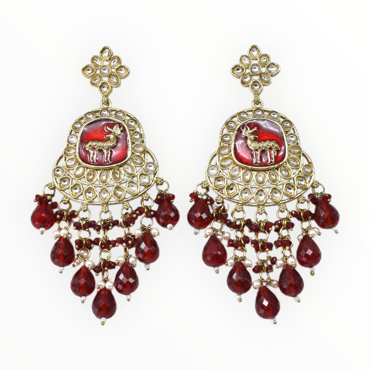 Meira Jewellery Gold Plated Traditional Kundan Drop Earrings for Women, Statement Chandbali Style Earrings with Stone Work and Beaded Dangling Drops, Festive Wedding Party Long Dangler Earrings-17