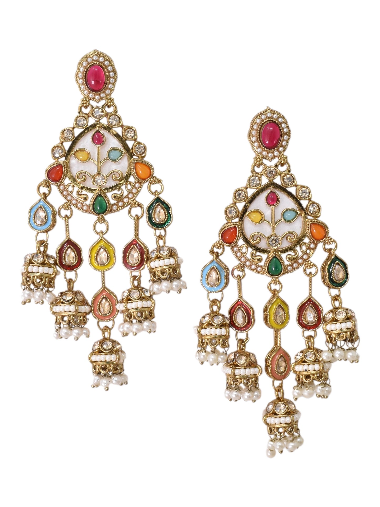 Gold Plated, Premium Multi Stylish Chandbali Jhumka Earrings for Women, Traditional Bridal Ethnic Dangling Earring with Kundan & Heavy Long Earring, Wedding Festive Party Statement Luxury Jewellery-14