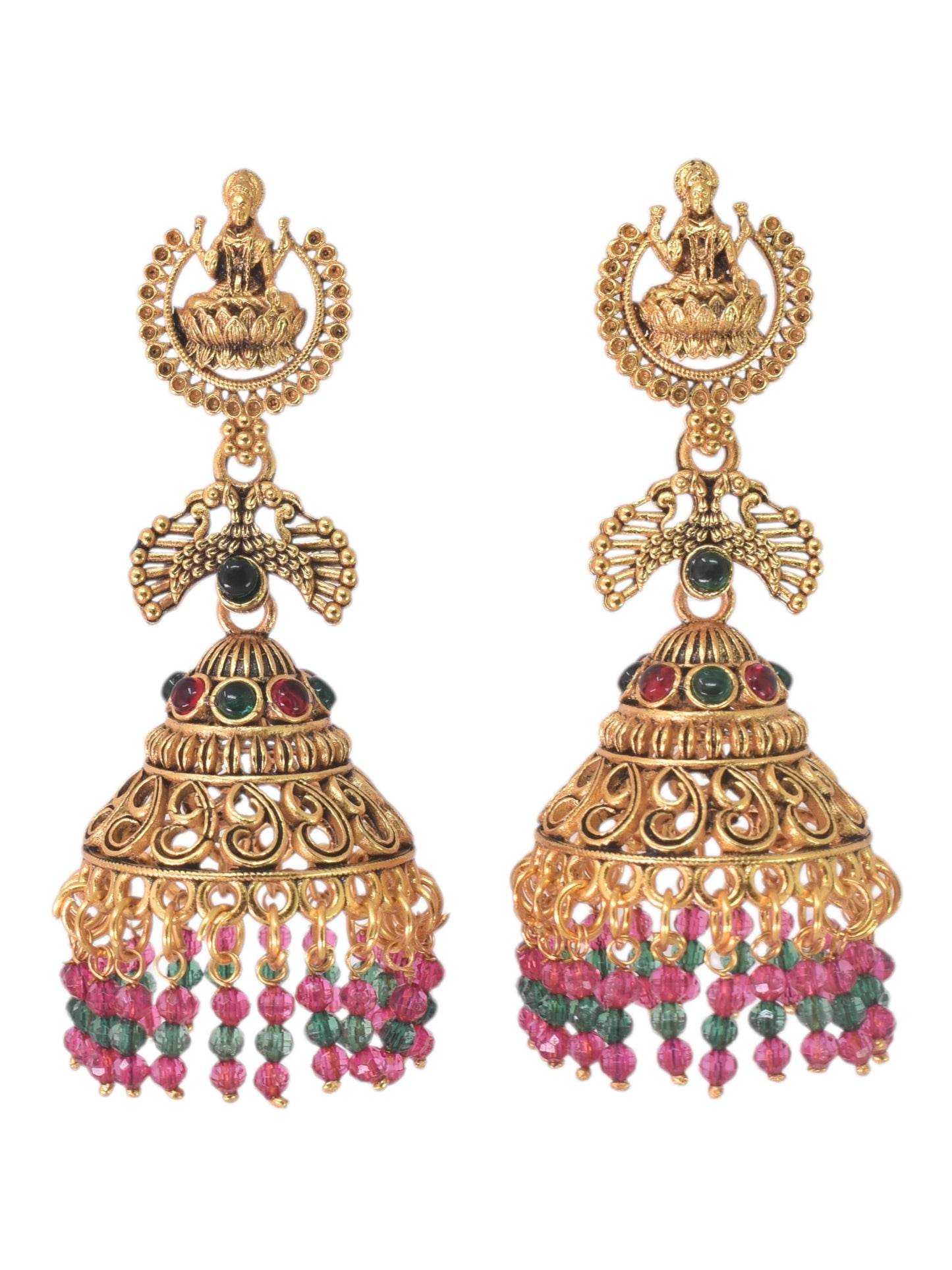 Gold Plated, Multi Coloured Stylish Oxidised Jhumka Earrings for Women, Traditional Ethnic Dangling Earring with Pearl Drop Wedding Festive Party Jewellery, Laxmi Motif Temple Style Jhumka Earring