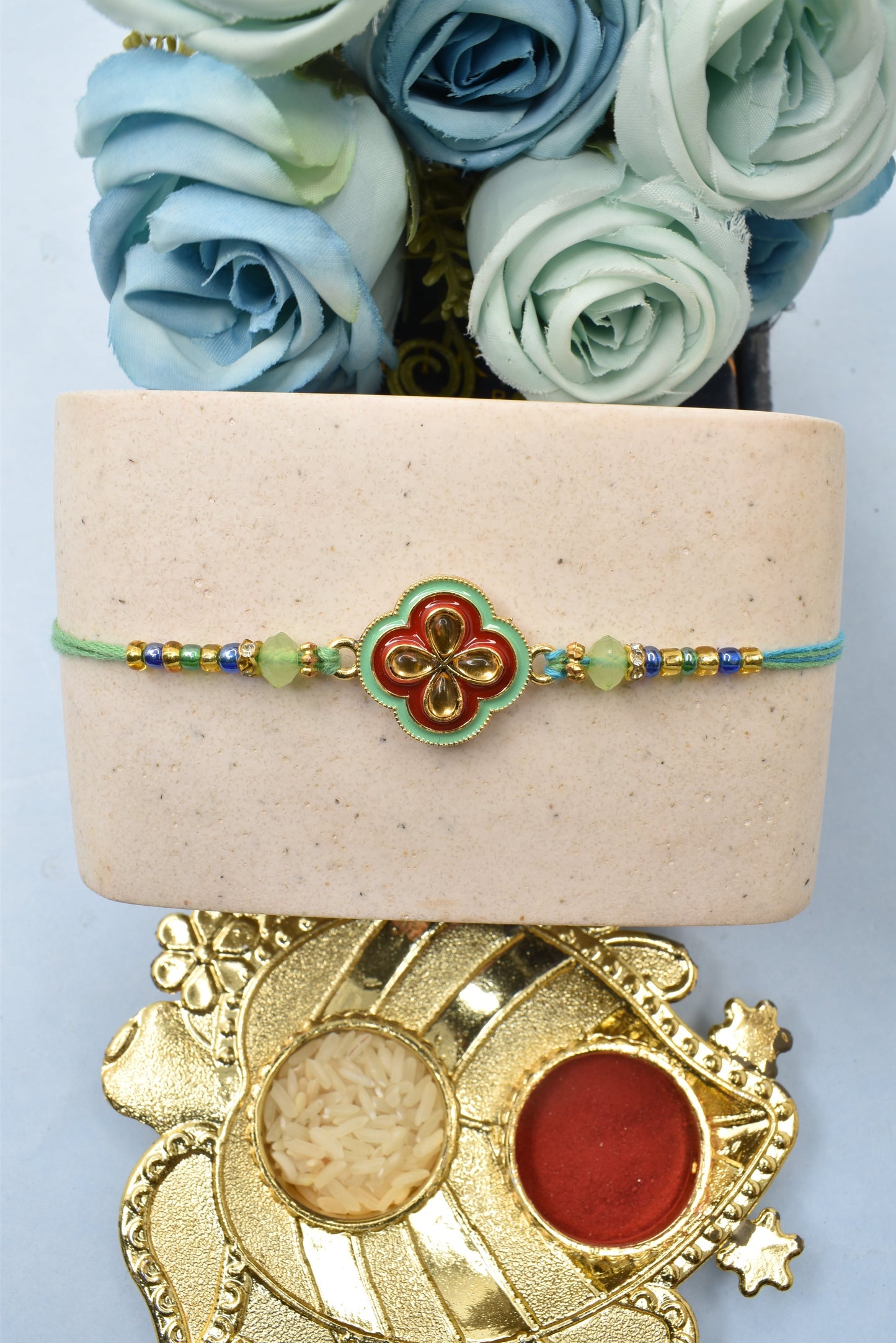 Simple Kundan With Minakari Rakhis1 Rakhi Made from Cotton Threds with Pack of Roli Chawal n Rakshabandhan Greetings Card |rakhi for brother|Bhaiya Rakhi | Kids rakhi |Rakhi for kids|Rakhi for Bhaiya