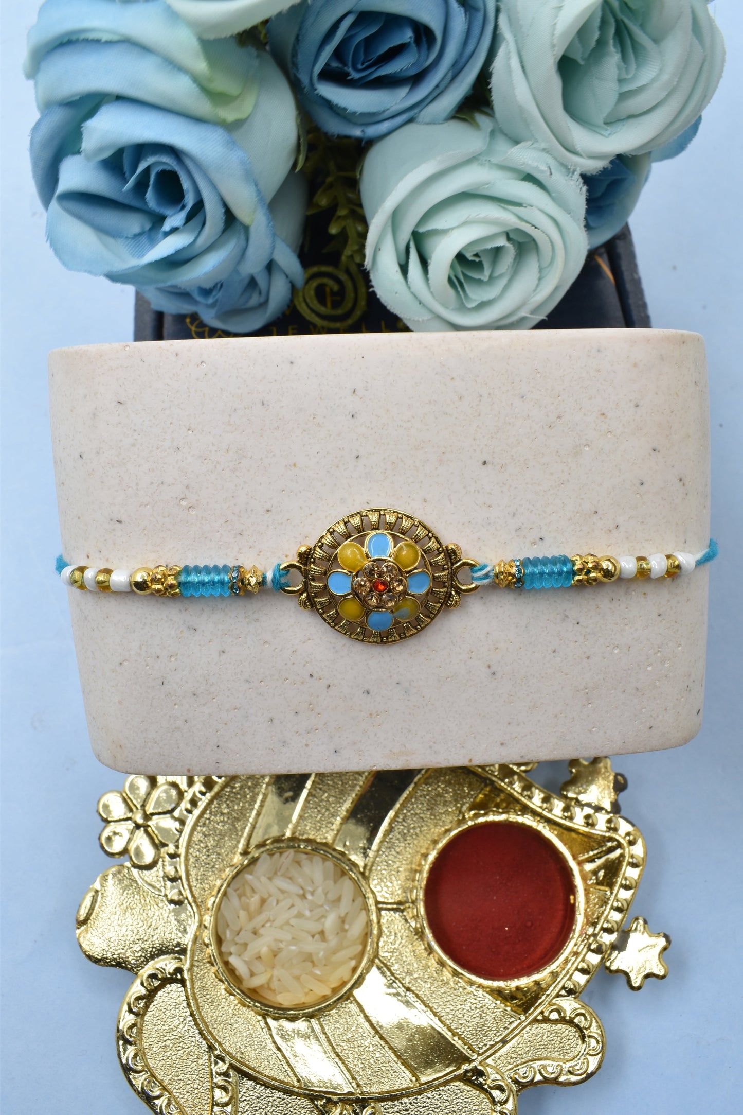 Antique Blue n yellow Gold Plated CZ RakhisSet of 2 Rakhi Made from Cotton Threds with Pack of Roli Chawal n Rakshabandhan Greetings Card |rakhi for brother|Bhaiya Rakhi | Kids rakhi |Rakhi for kids|Rakhi for Bhaiya