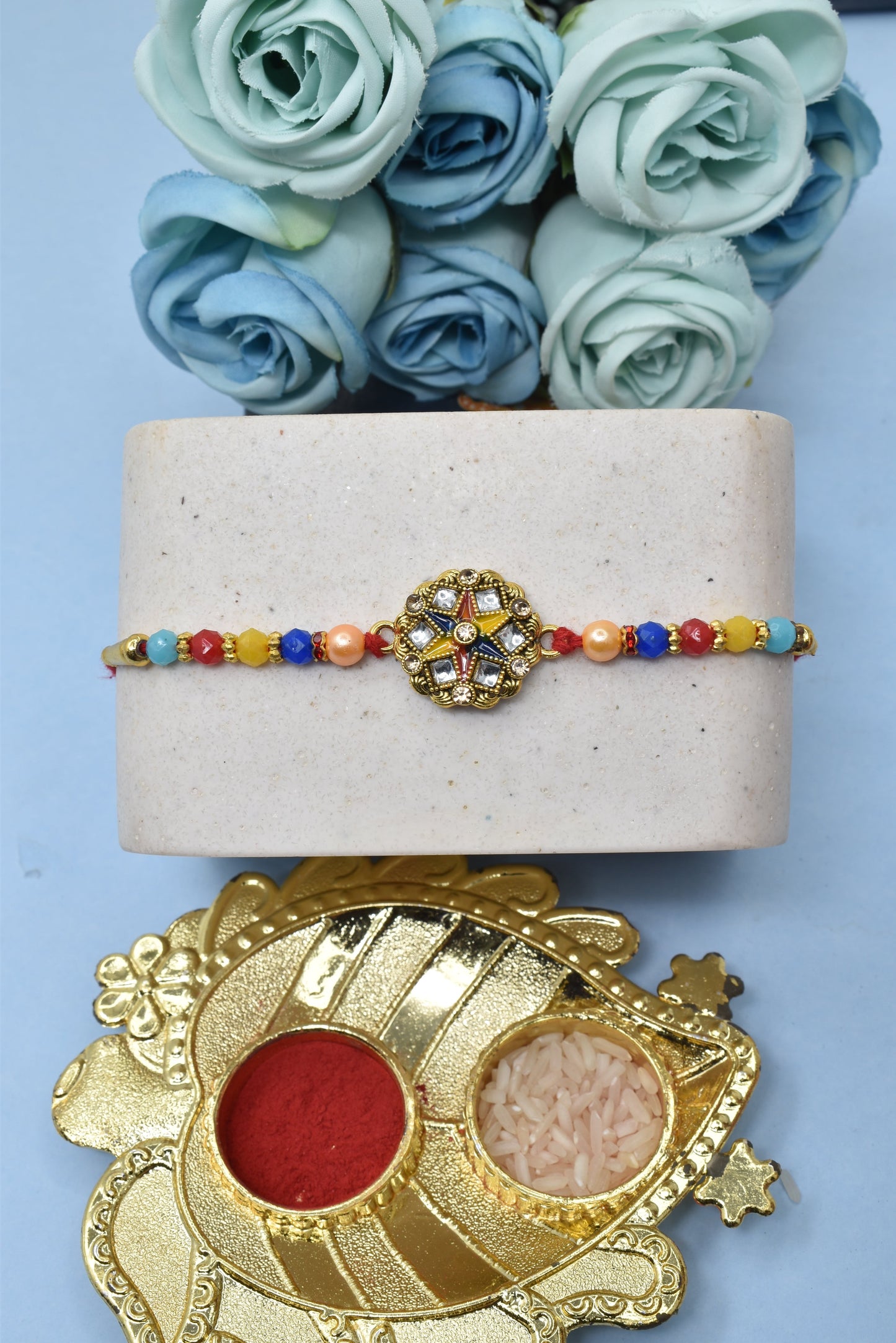 Simple Kundan Studded Multicolored Rakhis 1 Rakhi Made from Cotton Threds with Pack of Roli Chawal n Rakshabandhan Greetings Card |rakhi for brother|Bhaiya Rakhi | Kids rakhi |Rakhi for kids|Rakhi for Bhaiya