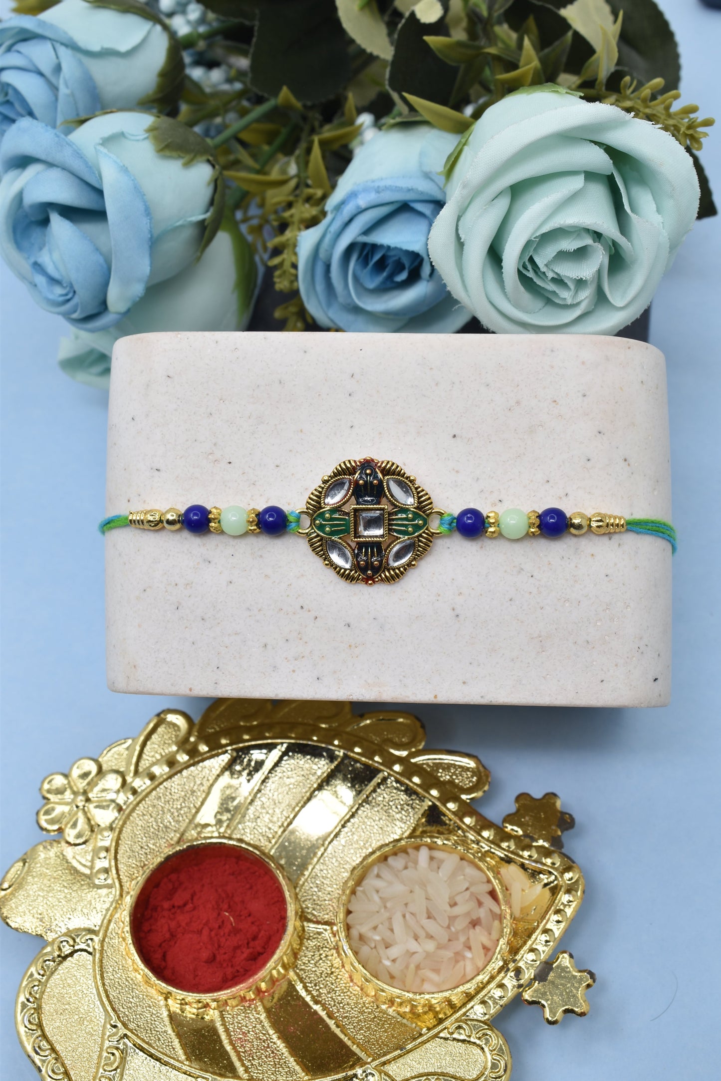 Antique Designer Kundan Studded Multicolored Rakhis 1 Rakhi Made from Cotton Threds with Pack of Roli Chawal n Rakshabandhan Greetings Card |rakhi for brother|Bhaiya Rakhi | Kids rakhi |Rakhi for kids|Rakhi for Bhaiya