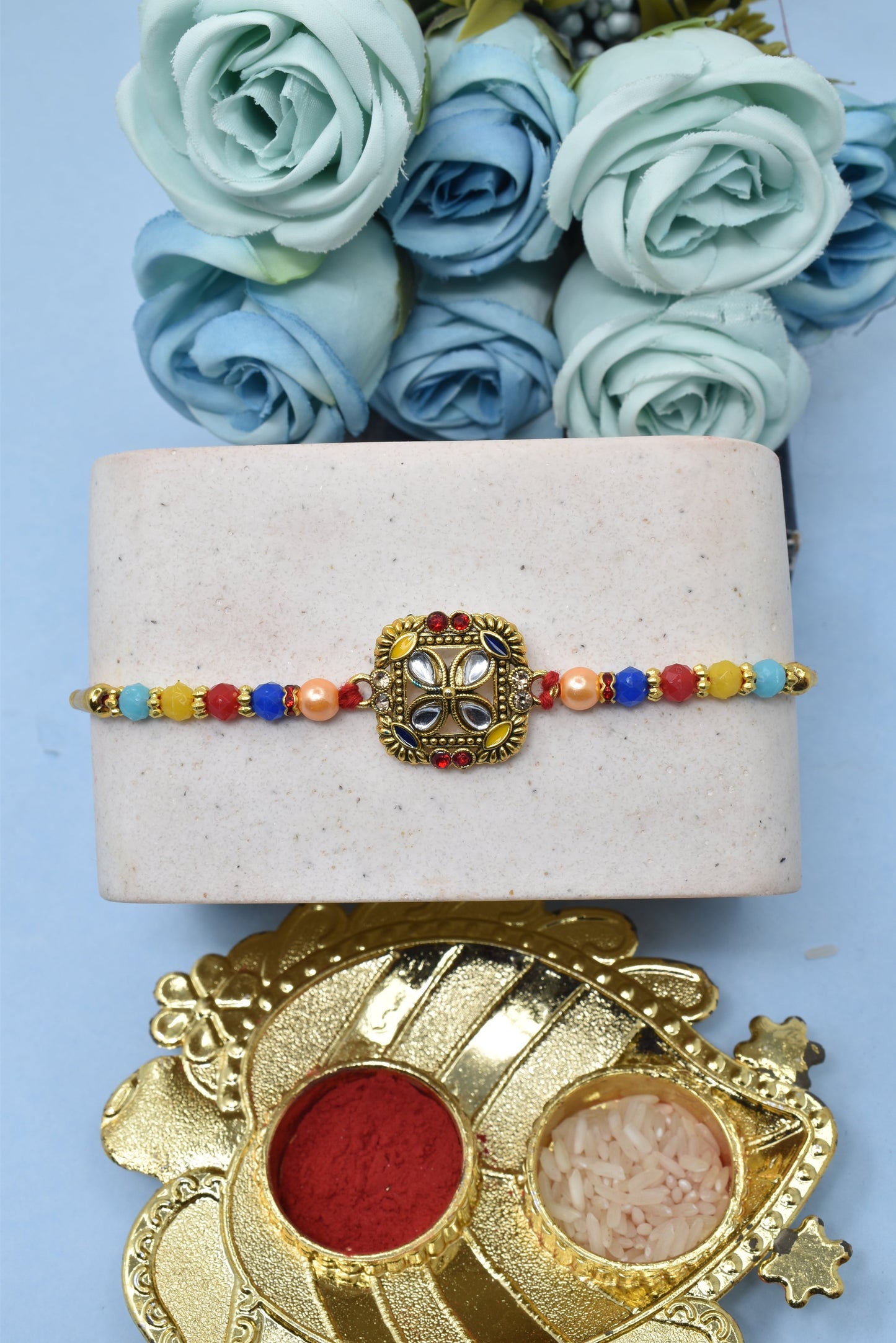 Antique DesignerJadau Kundan Studded Square shapped Multicolored Rakhis Set of 5 Rakhi with Pack of Roli Chawal n Card |rakhi for brother|Bhaiya Rakhi | Kids rakhi |Rakhi for kids|Rakhi for Bhaiya