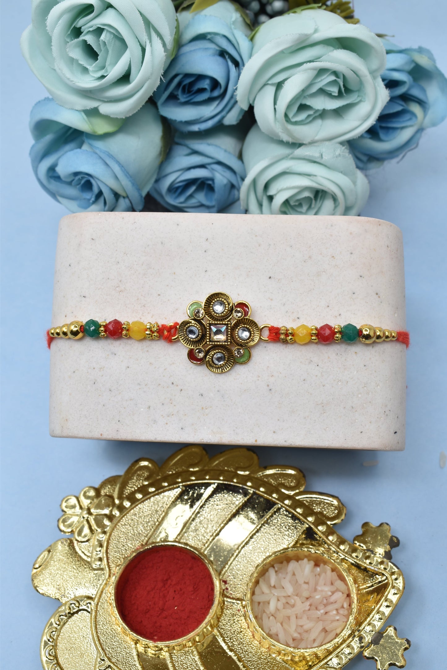 Antique DesignerJadau Kundan Studded Multicolored Flower Rakhis Set of 2 Rakhi Made from Cotton Threds with Pack of Roli Chawal n Rakshabandhan Greetings Card |rakhi for brother|Bhaiya Rakhi | Kids rakhi |Rakhi for kids|Rakhi for Bhaiya