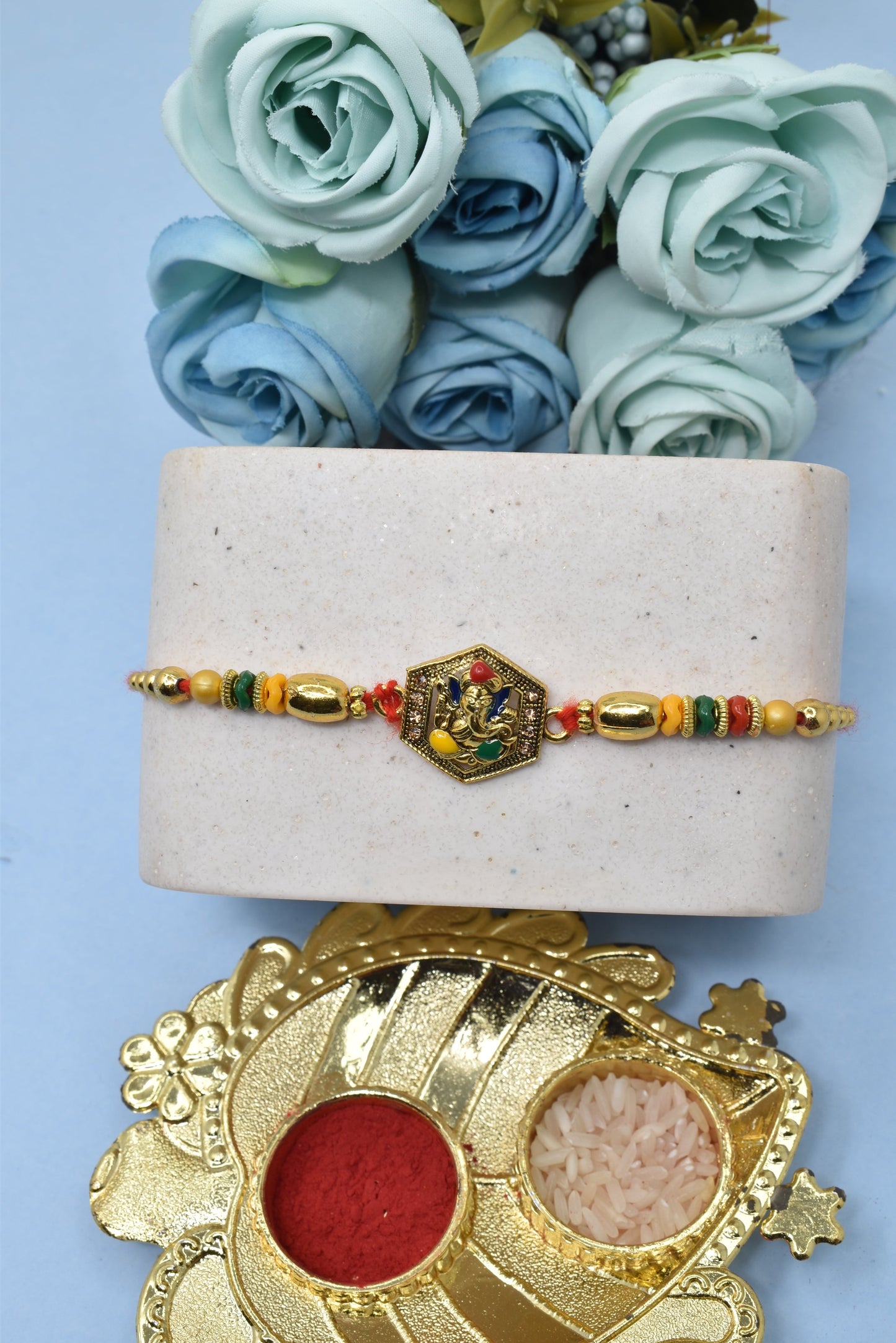 Elegant Lord Ganesh with CZ Stone Gold plated Antique rakhiSet of 2 Rakhi Made from Cotton Threds with Pack of Roli Chawal n Rakshabandhan Greetings Card |rakhi for brother|Bhaiya Rakhi | Kids rakhi |Rakhi for kids|Rakhi for Bhaiya