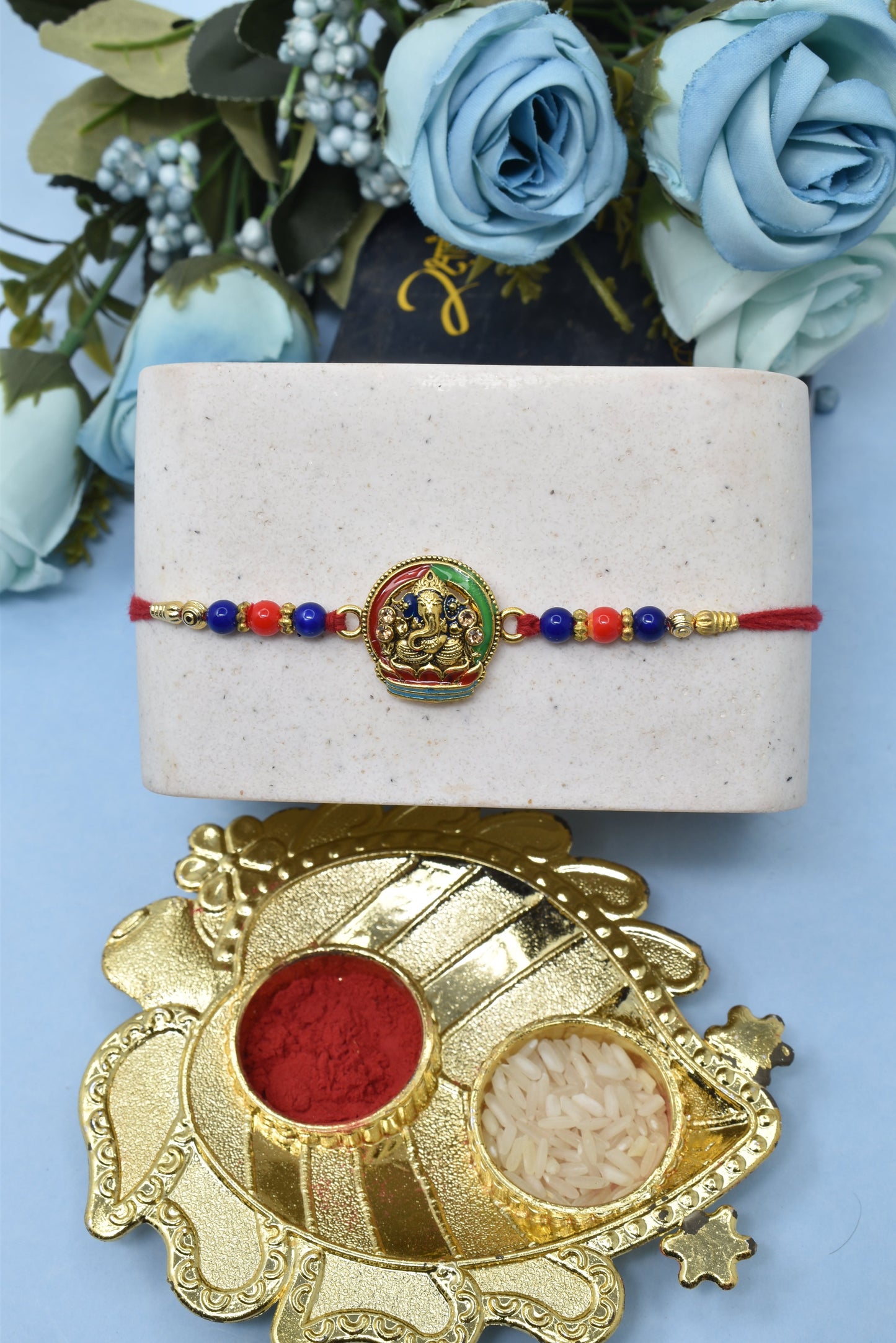 Elegant Lord Ganesh with Lotus Gold plated Antique rakhiSet of 2 Rakhi Made from Cotton Threds with Pack of Roli Chawal n Rakshabandhan Greetings Card |rakhi for brother|Bhaiya Rakhi | Kids rakhi |Rakhi for kids|Rakhi for Bhaiya