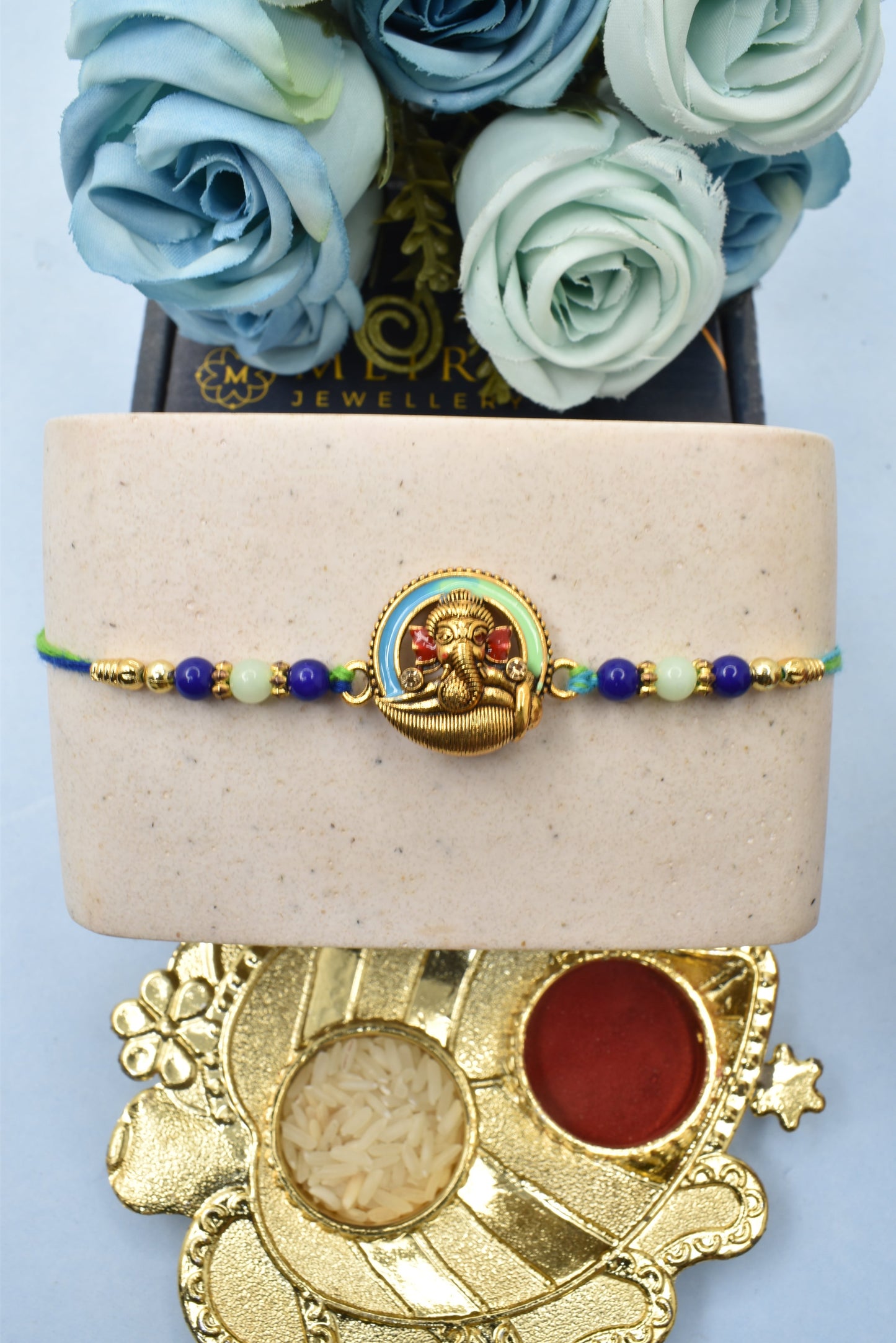 Spiritual Lord Ganesha Meenakari Rakhis Set of 2 Rakhi Made from Cotton Threds with Pack of Roli Chawal n Rakshabandhan Greetings Card |rakhi for brother|Bhaiya Rakhi | Kids rakhi |Rakhi for kids|Rakhi for Bhaiya