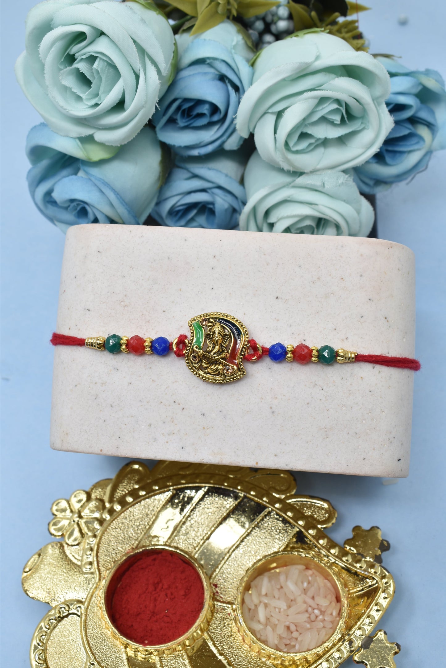 Leaf Design Lord Ganesha RakhisSet of 2 Rakhi Made from Cotton Threds with Pack of Roli Chawal n Rakshabandhan Greetings Card |rakhi for brother|Bhaiya Rakhi | Kids rakhi |Rakhi for kids|Rakhi for Bhaiya